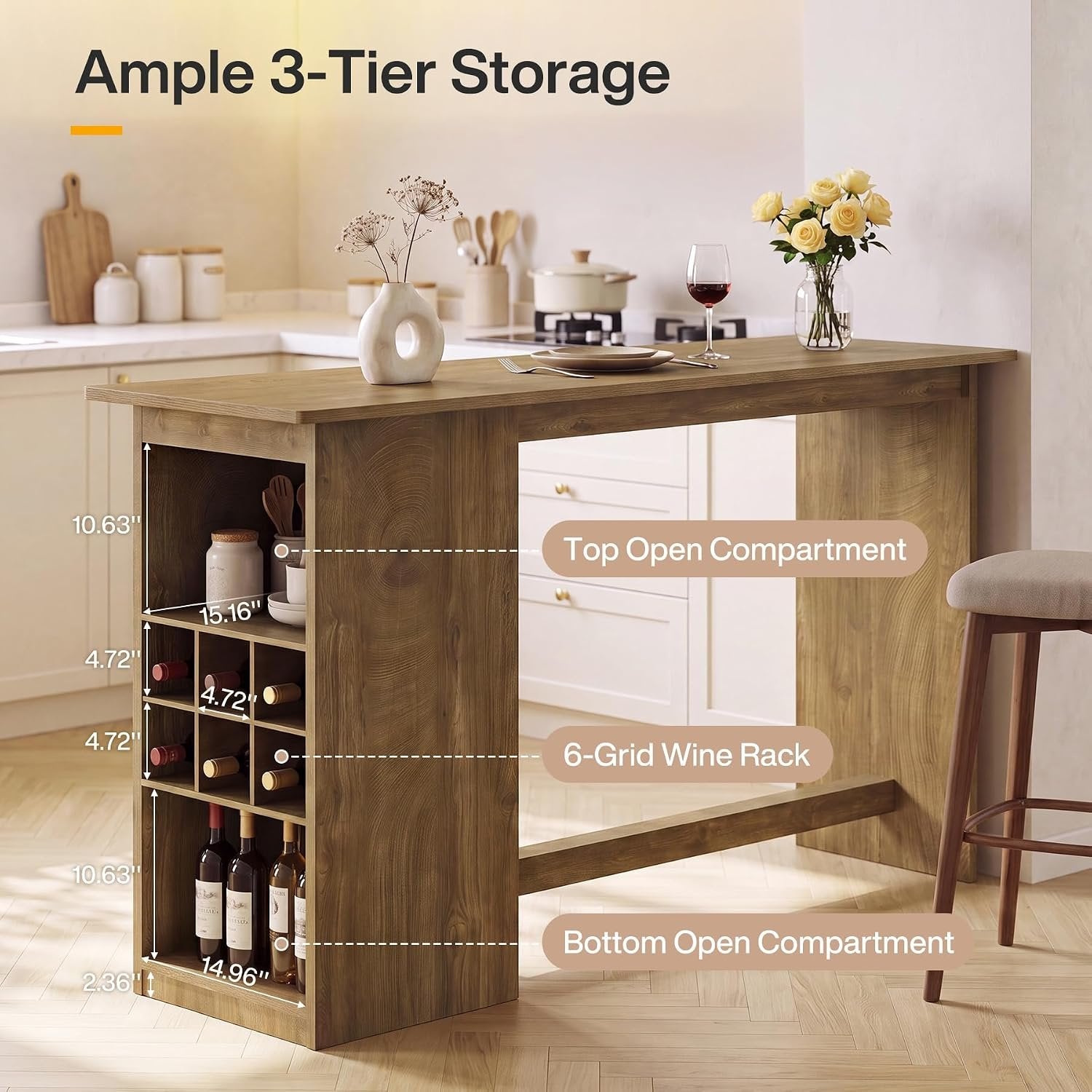 63" Long Bar Table, Counter Height Pub Table with Built-in Wine Storage for Home Bar