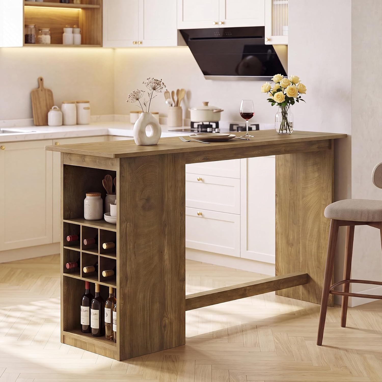 63" Long Bar Table, Counter Height Pub Table with Built-in Wine Storage for Home Bar