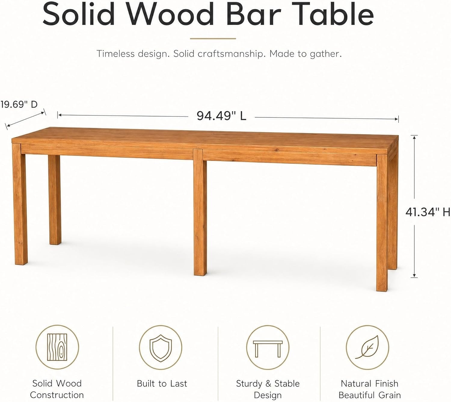 95" Solid Wood Bar Height Table, Rustic Counter Height Dining Table for Kitchen