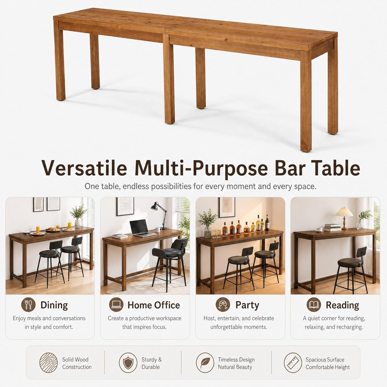 95" Solid Wood Bar Height Table, Rustic Counter Height Dining Table for Kitchen