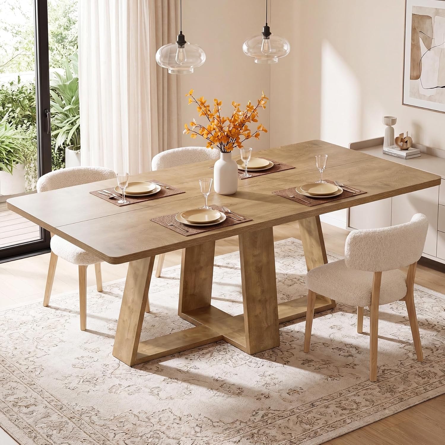 63" Dining Table, Farmhouse Kitchen Table with Wooden Pedestal for Kitchen