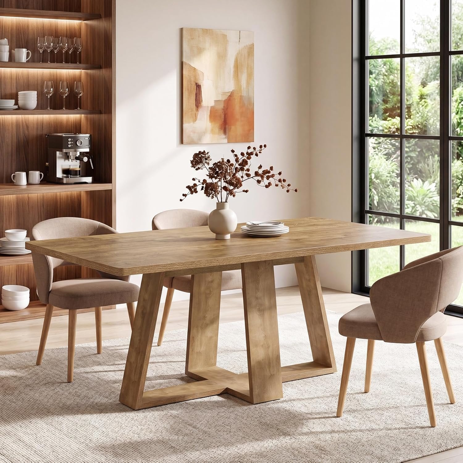 63" Dining Table, Farmhouse Kitchen Table with Wooden Pedestal for Kitchen
