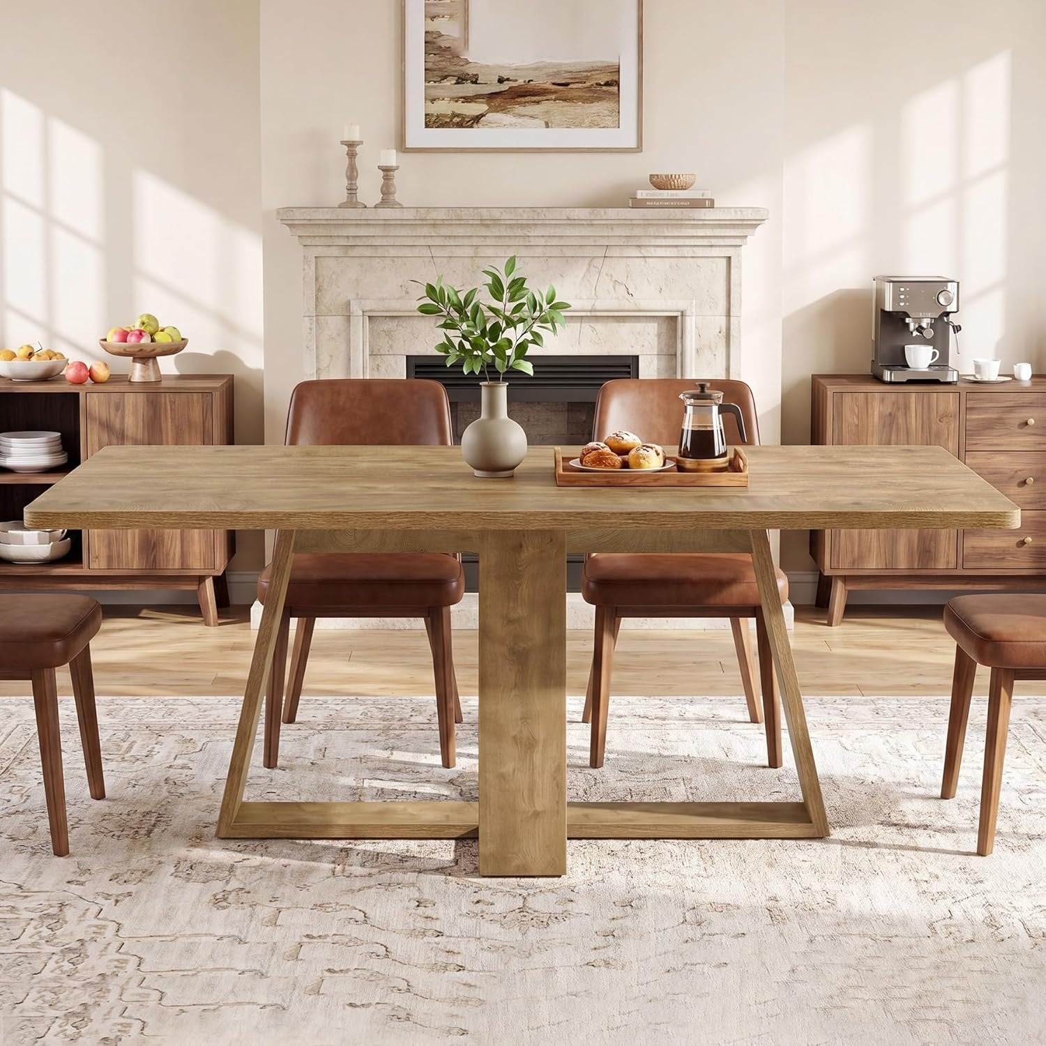 63" Dining Table, Farmhouse Kitchen Table with Wooden Pedestal for Kitchen