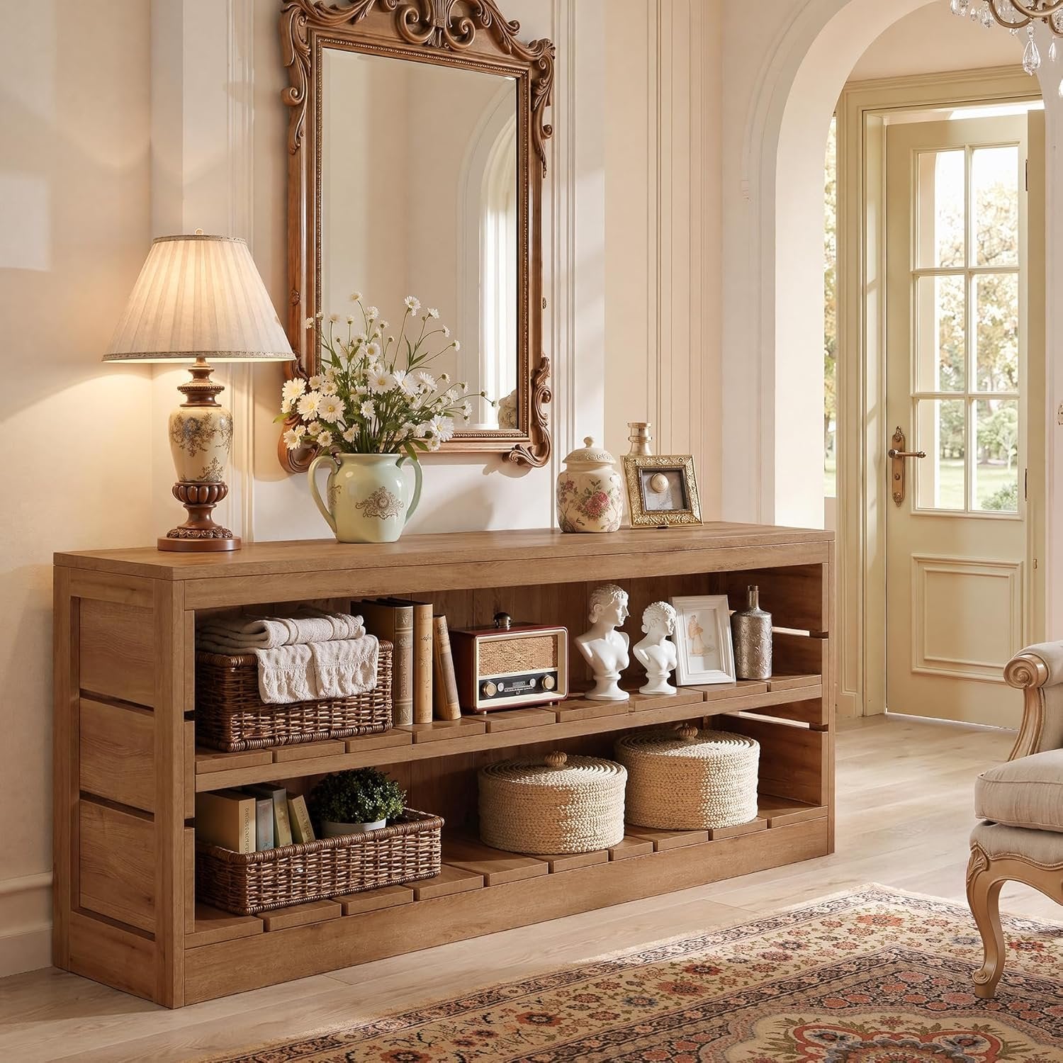 63" Solid Wood Console Table, Rustic 3-Tier Entryway Sofa Table for Hallway