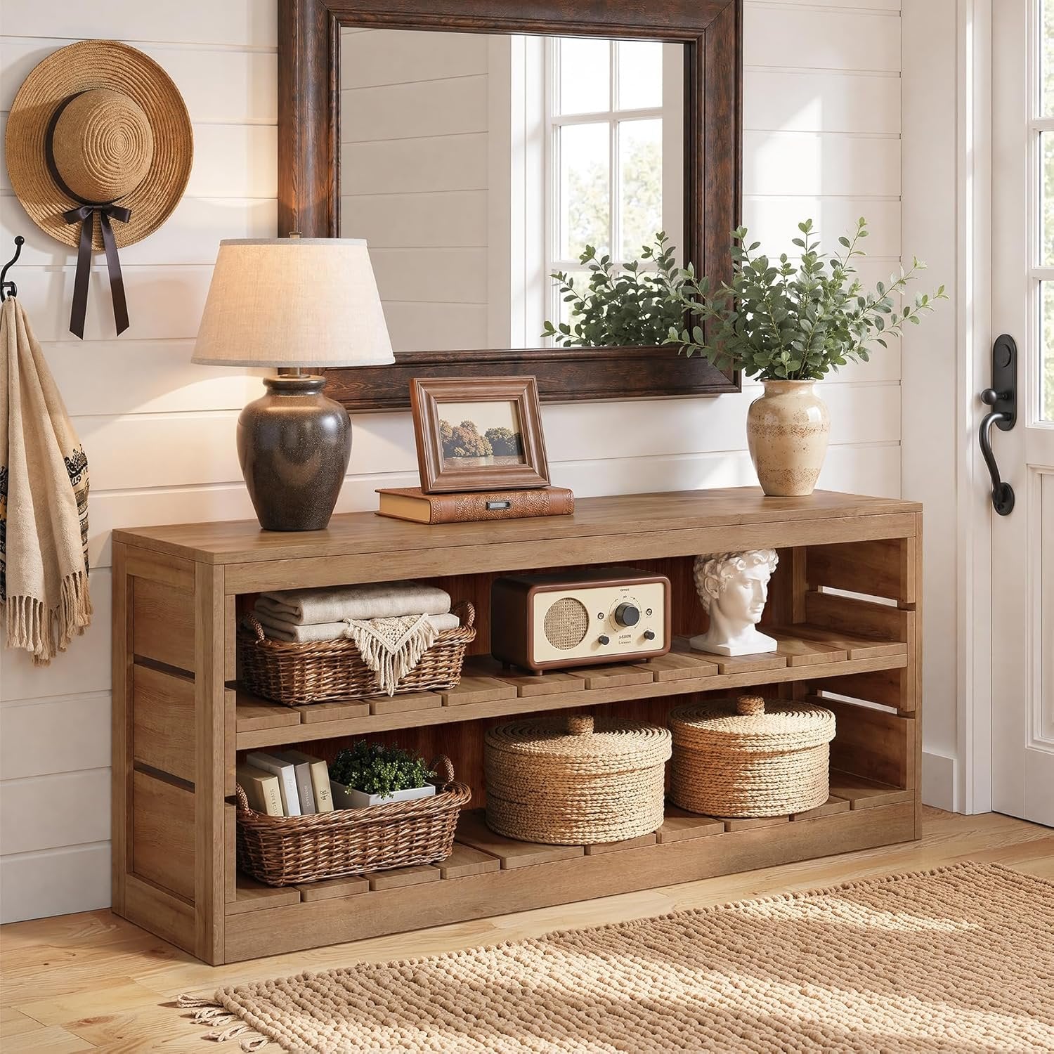 63" Solid Wood Console Table, Rustic 3-Tier Entryway Sofa Table for Hallway