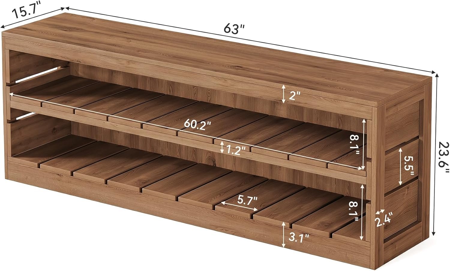63" Solid Wood TV Stand, Farmhouse 3-Tier Television Stand for 55/60/65/75-Inch TV for Living Room Bedroom