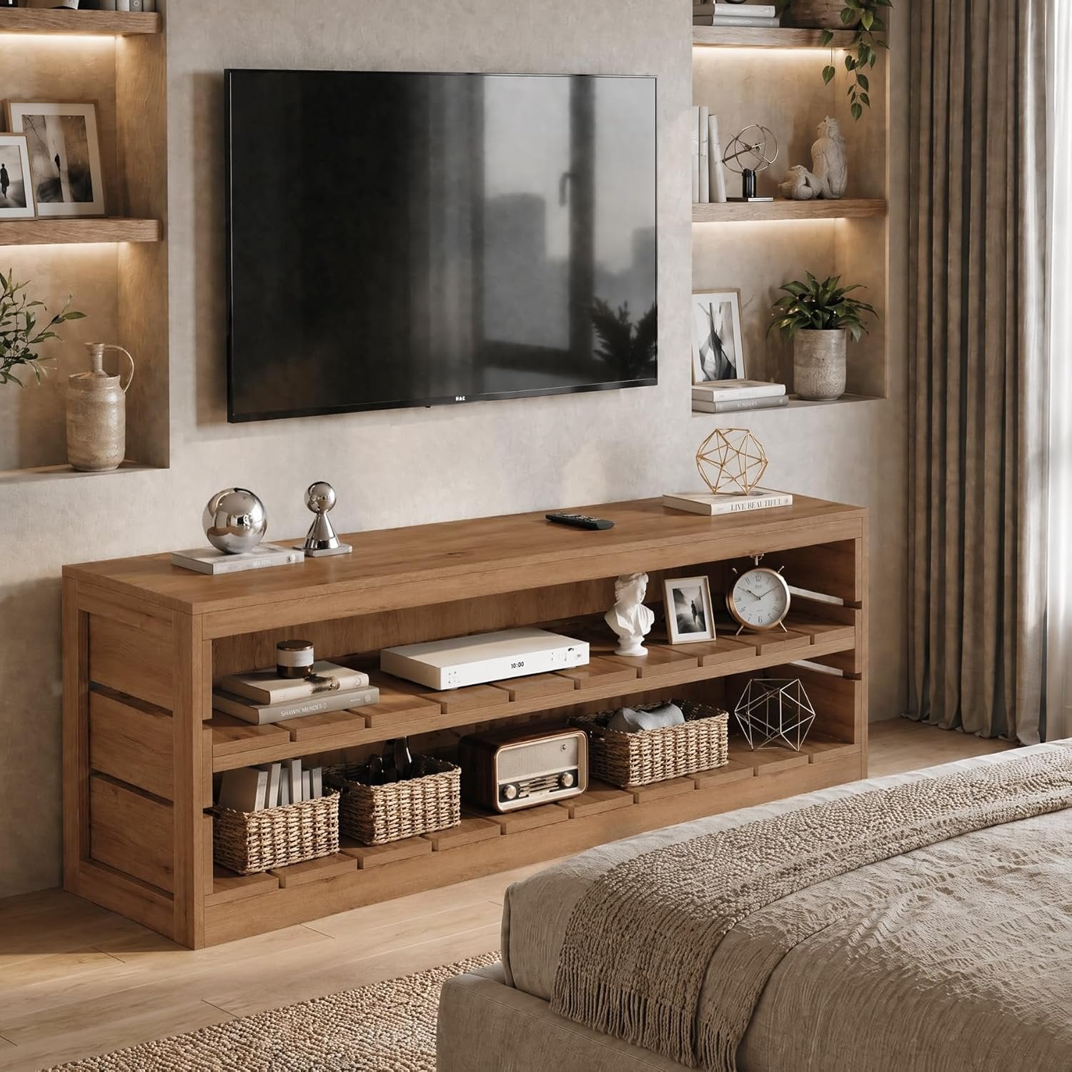 63" Solid Wood TV Stand, Farmhouse 3-Tier Television Stand for 55/60/65/75-Inch TV for Living Room Bedroom
