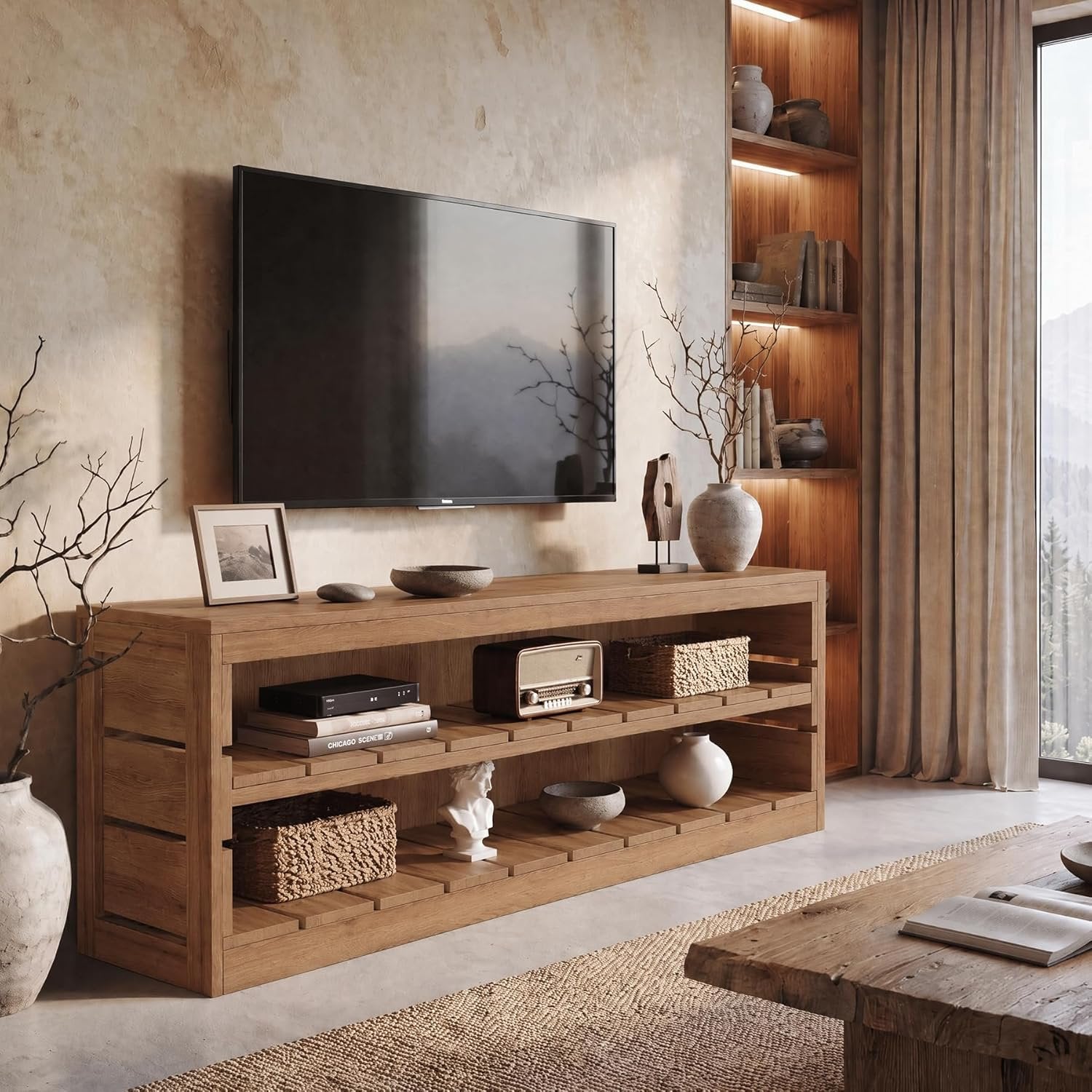 63" Solid Wood TV Stand, Farmhouse 3-Tier Television Stand for 55/60/65/75-Inch TV for Living Room Bedroom