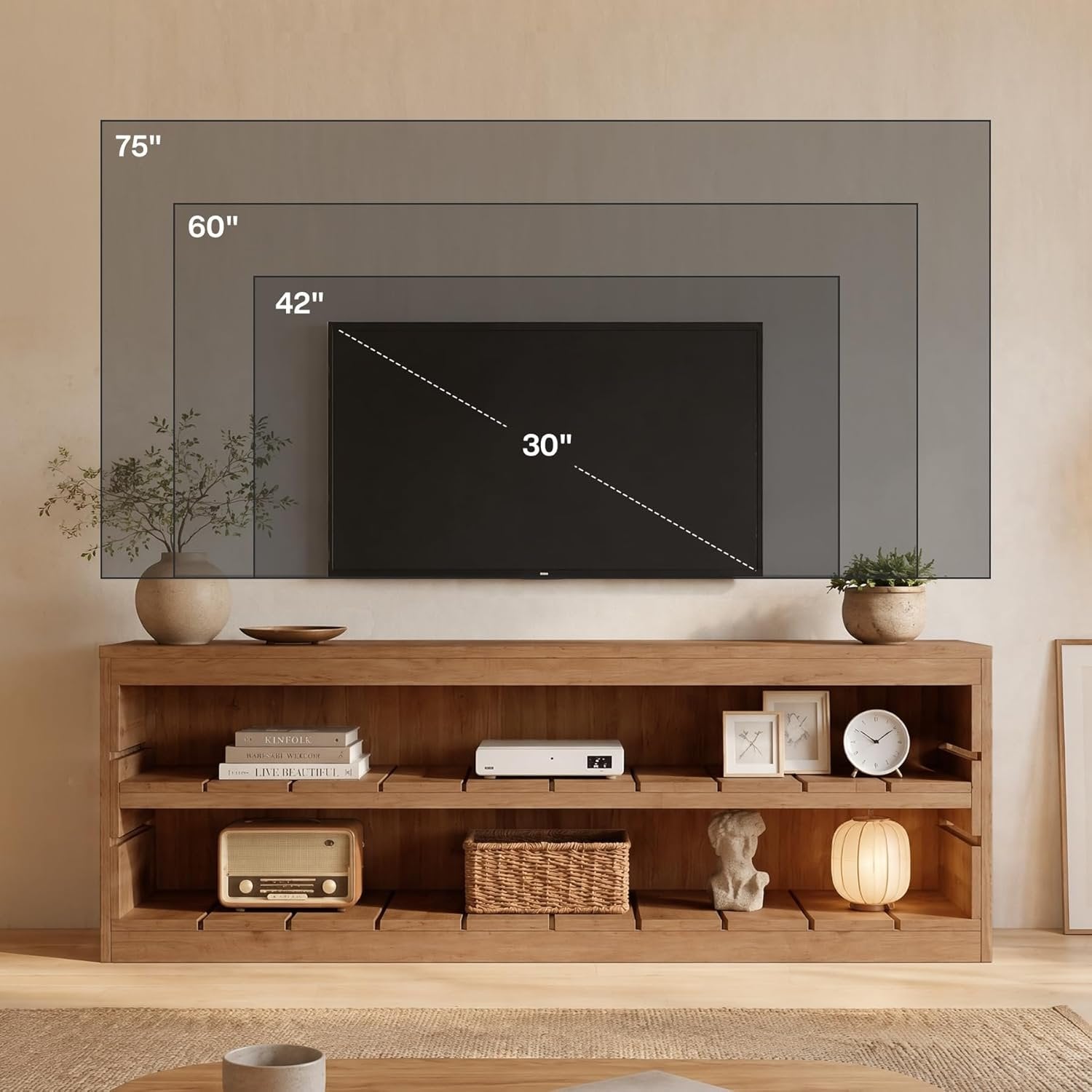63" Solid Wood TV Stand, Farmhouse 3-Tier Television Stand for 55/60/65/75-Inch TV for Living Room Bedroom