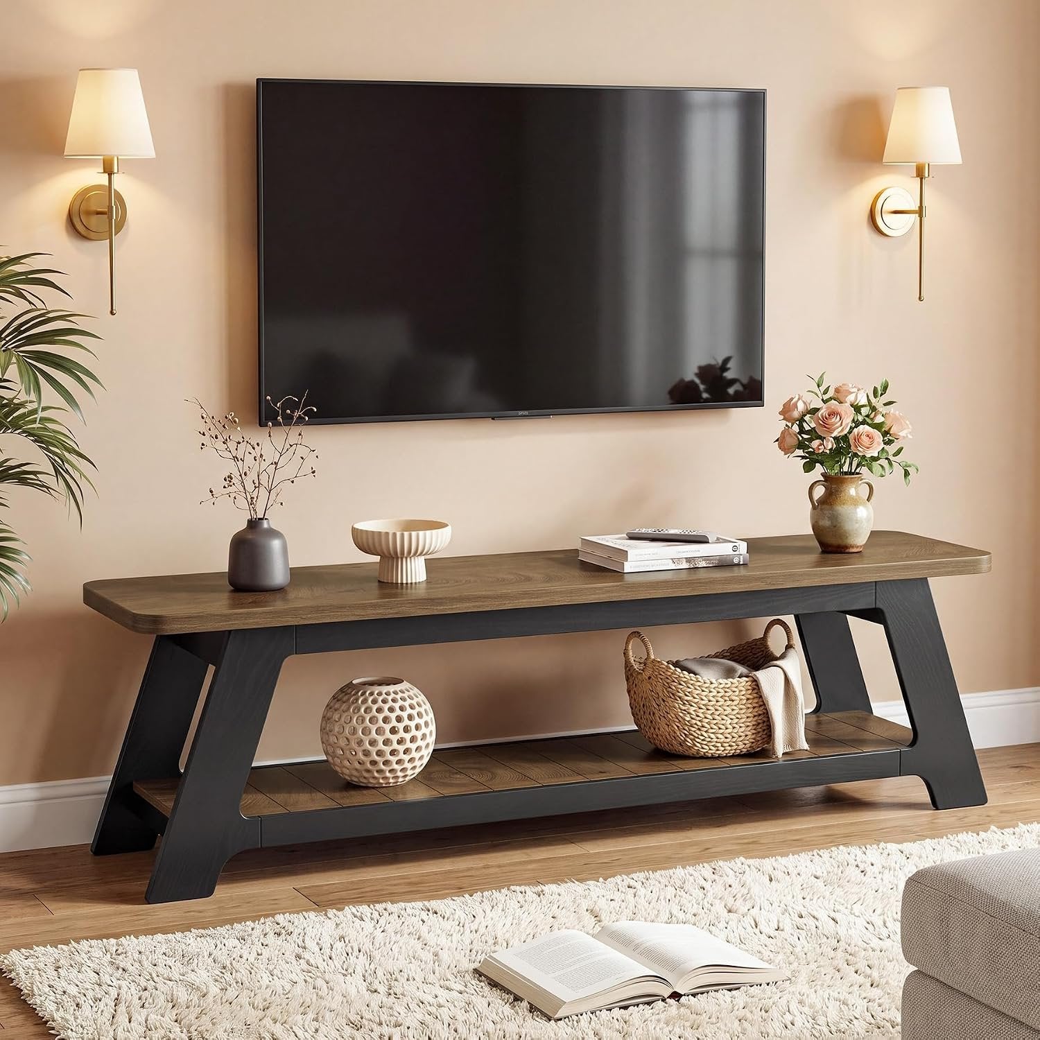 63" Farmhouse TV Stand, Entertainment Center with Shelf for 55/60/65/70-Inch TVs