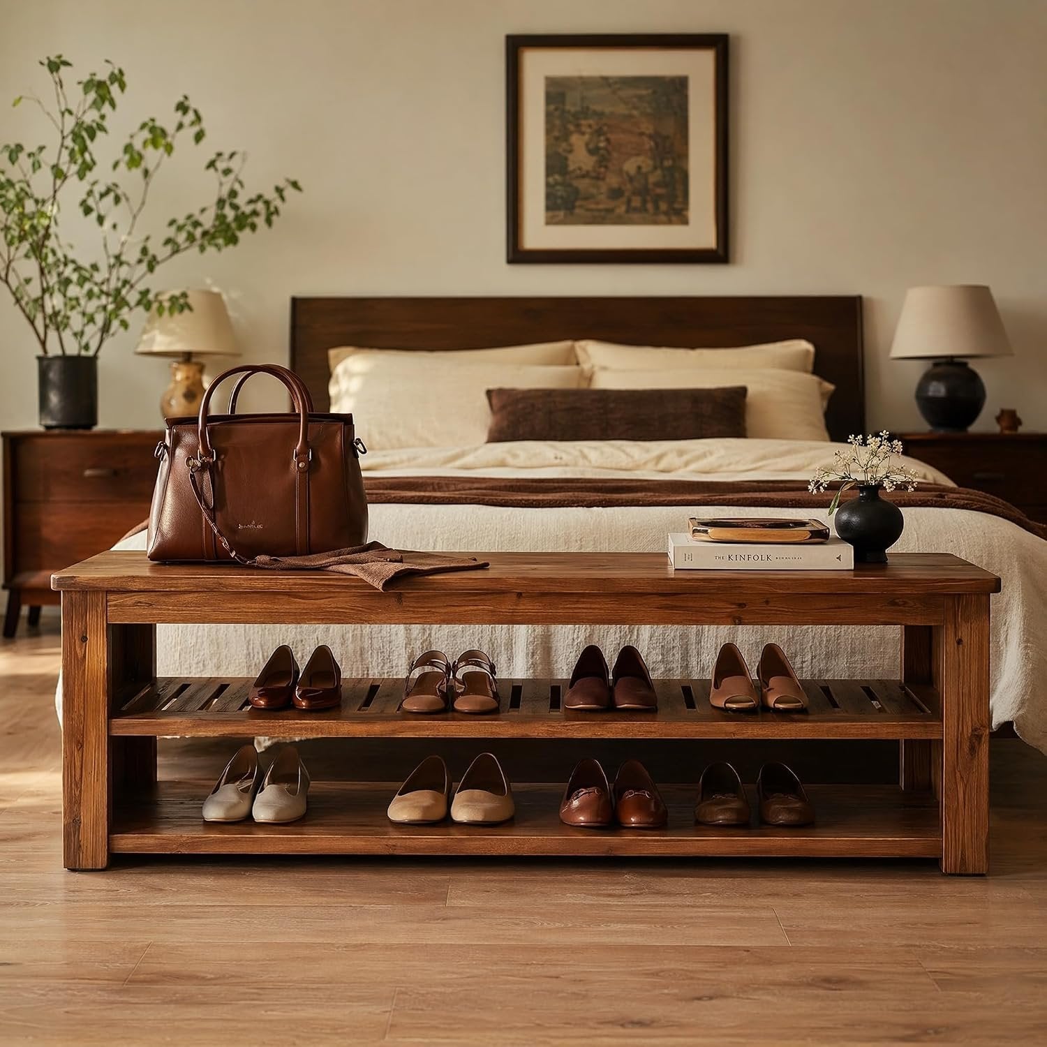 Solid Wood Entryway Bench, 63" Farmhouse Shoe Bench End of Bed Bench with Storage