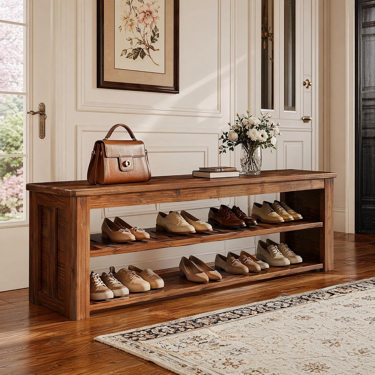 Solid Wood Entryway Bench, 63" Farmhouse Shoe Bench End of Bed Bench with Storage