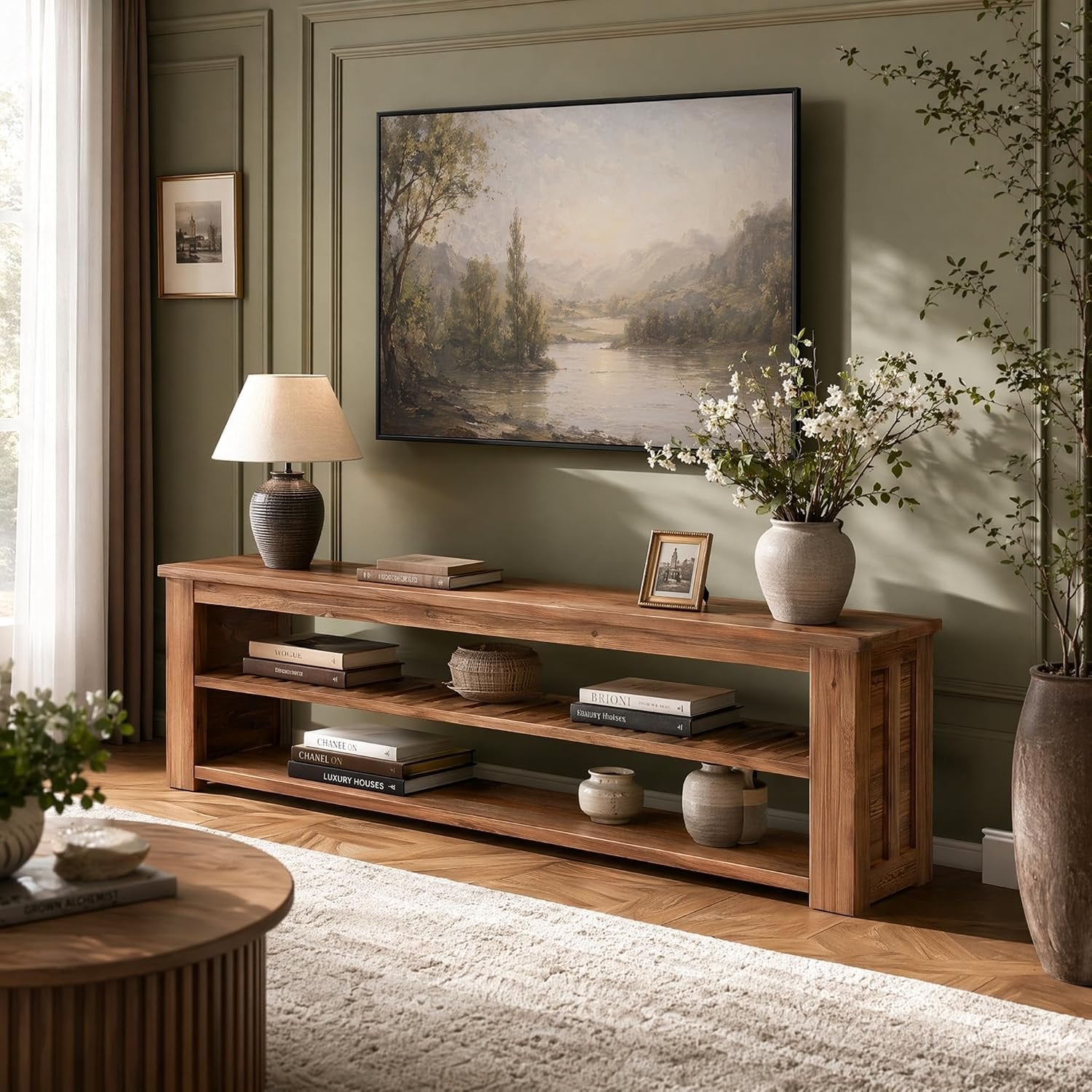 63" Solid Wood TV Stand, Rustic Entertainment Center for TVs Up to 75 Inch for Living Room
