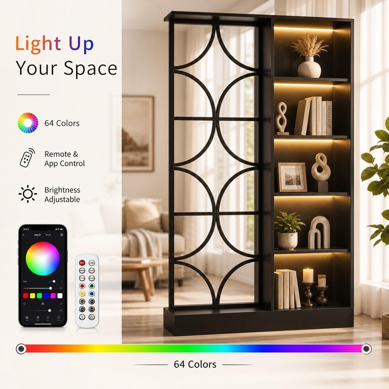 71" Tall Wall Room Divider, Freestanding Entrance Wall Partition with Shelves & LED Light
