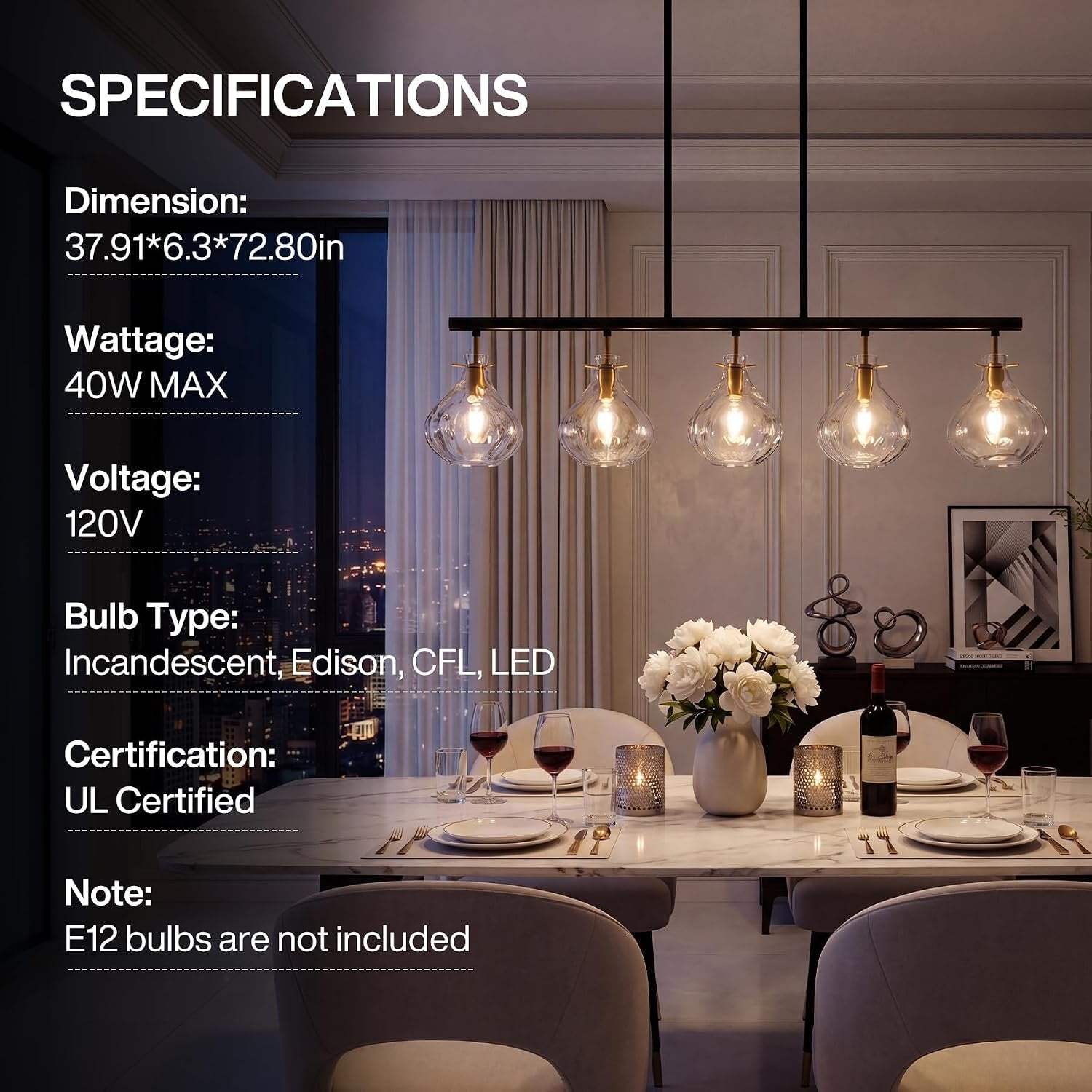 5 Light Pendant Light, Linear Chandelier with Ripple Glass Shades & Adjustable Height