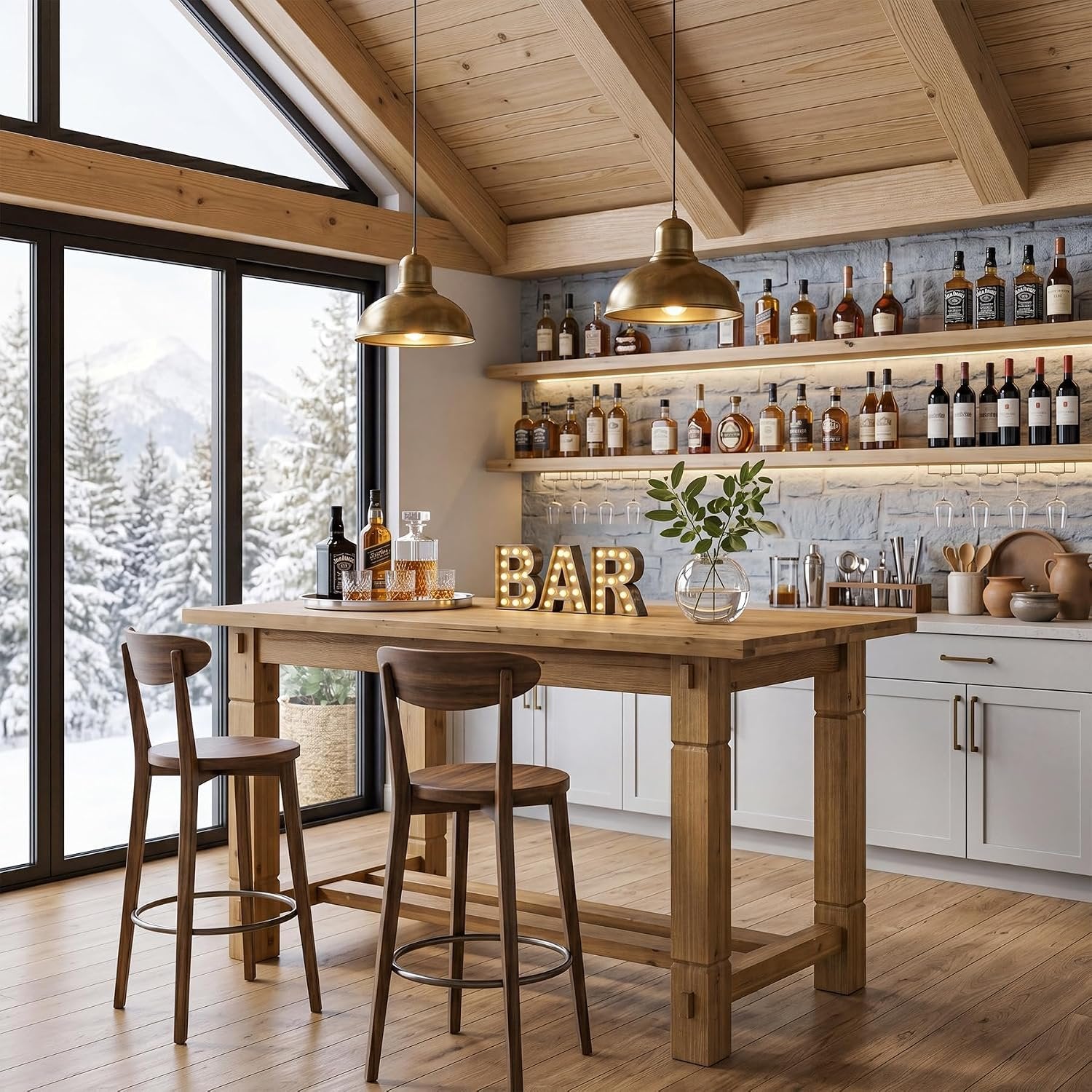 59" Solid Wood Home Bar Table, Counter Height Table with Spacious Tabletop