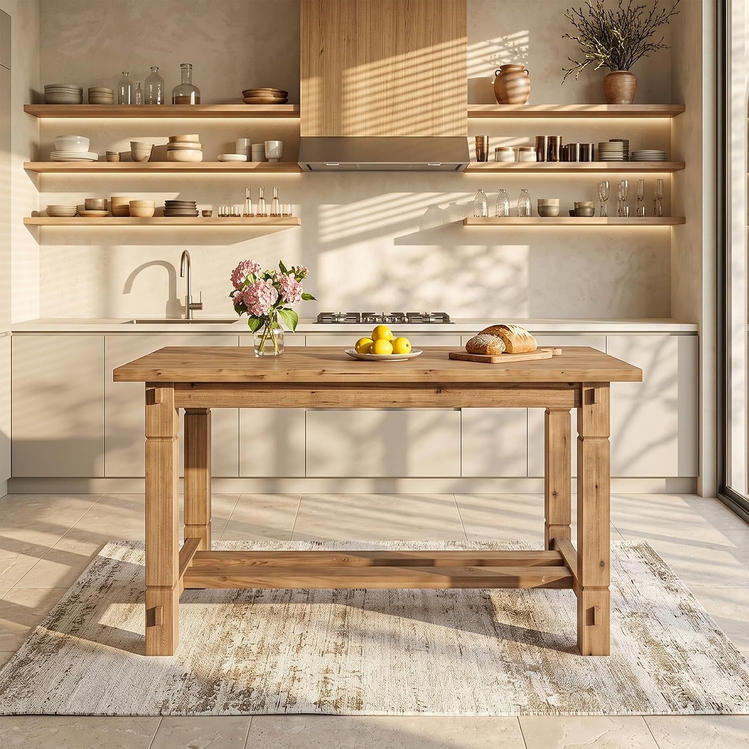 59" Solid Wood Home Kitchen Island, Rustic Stationary Island with Sturdy Frame
