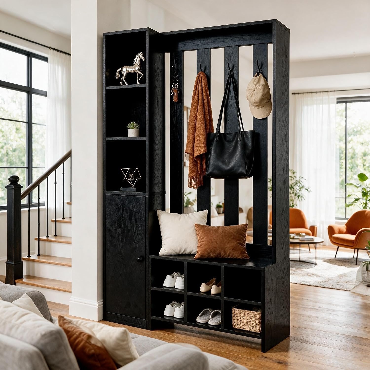 70.8" Tall Wall Room Divider, Freestanding Modern Wall Partition with Bench & Coat Rack