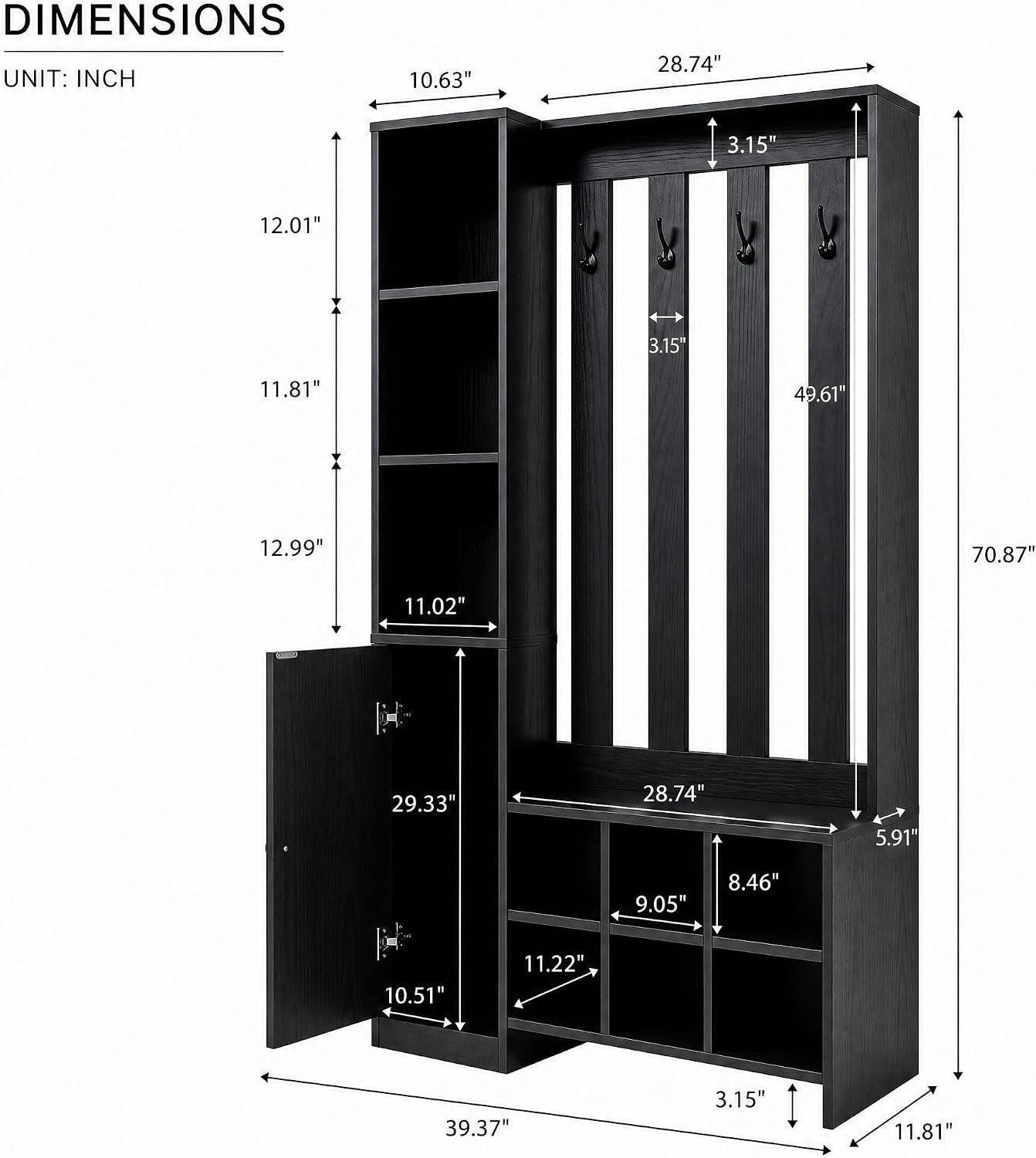 70.8" Tall Wall Room Divider, Freestanding Modern Wall Partition with Bench & Coat Rack