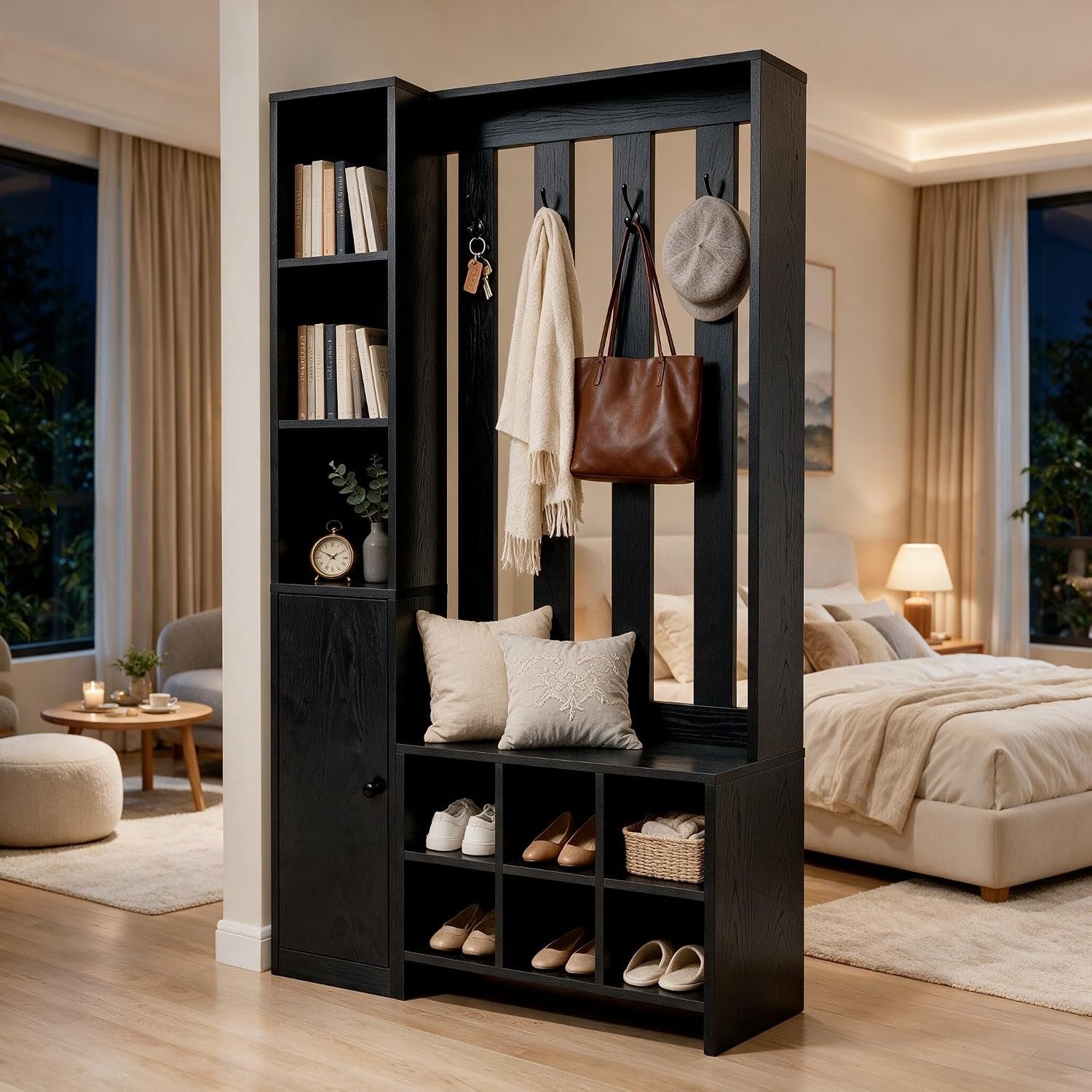 70.8" Tall Wall Room Divider, Freestanding Modern Wall Partition with Bench & Coat Rack