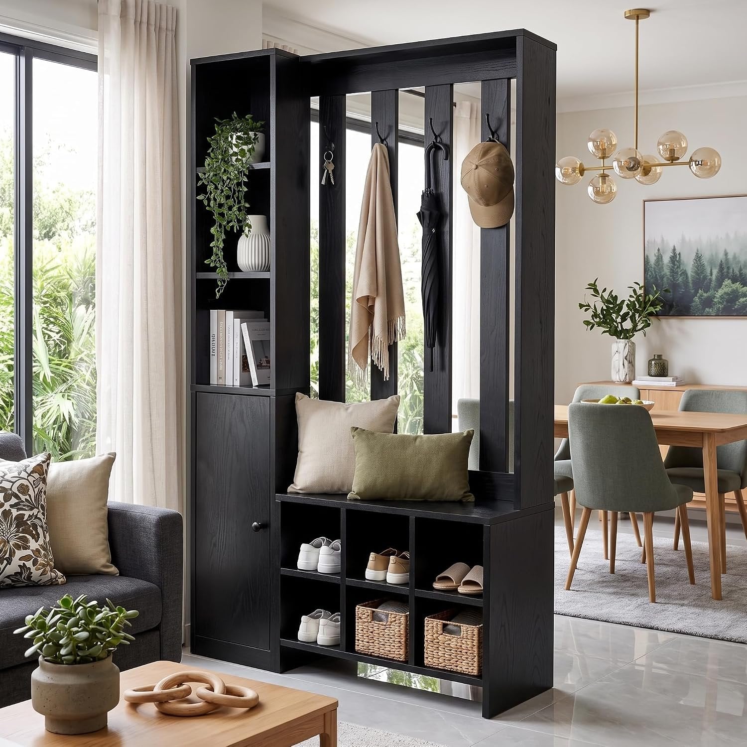 70.8" Tall Wall Room Divider, Freestanding Modern Wall Partition with Bench & Coat Rack