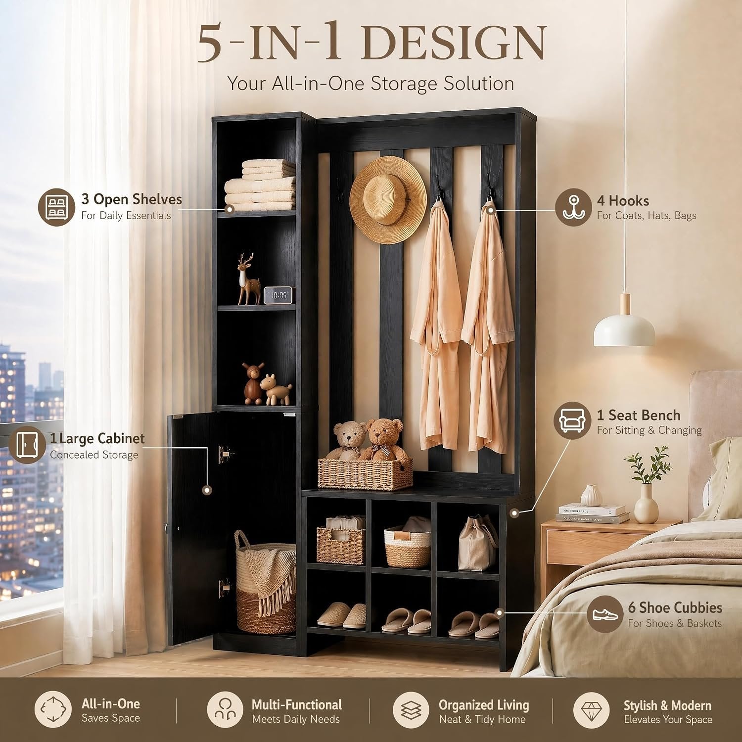 70.8" Tall Wall Room Divider, Freestanding Modern Wall Partition with Bench & Coat Rack