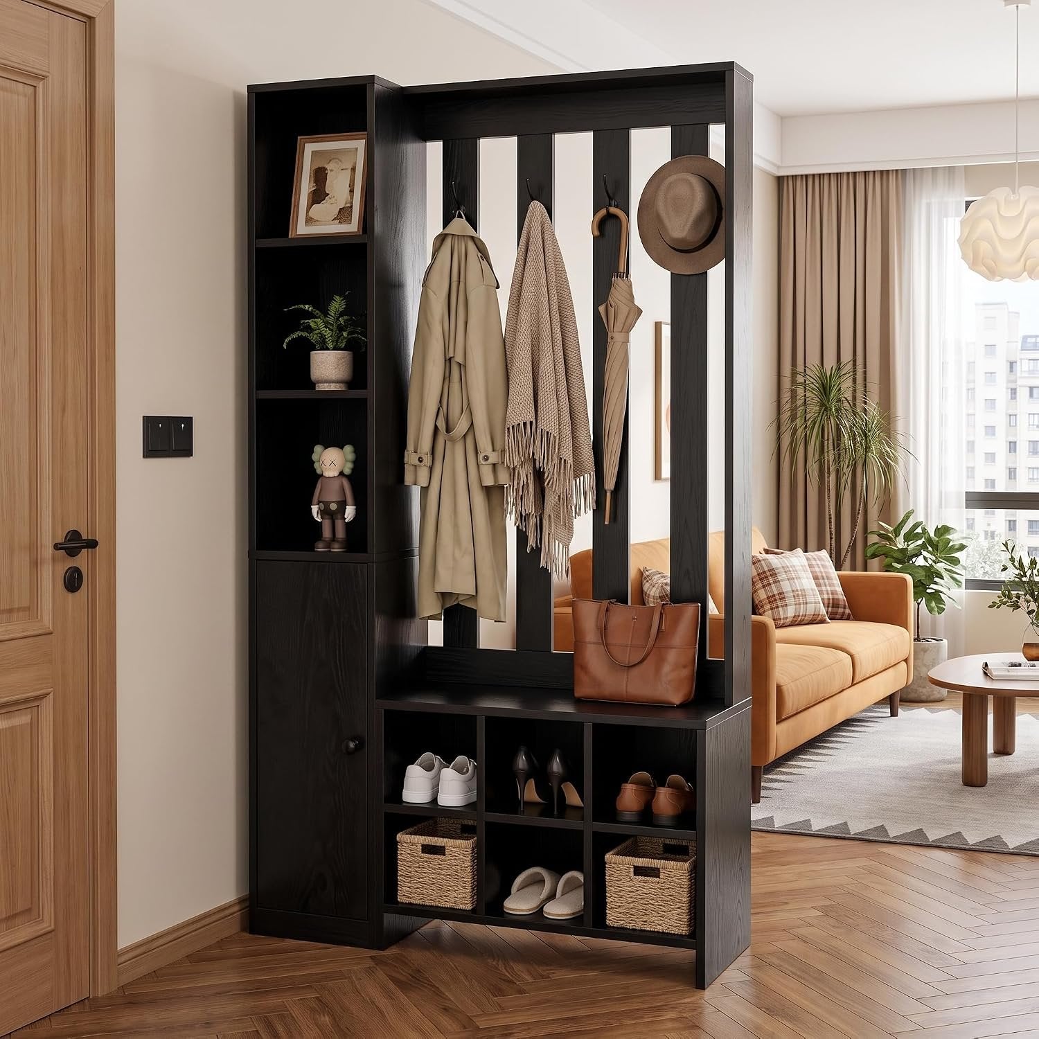 70.8" Tall Wall Room Divider, Freestanding Modern Wall Partition with Bench & Coat Rack