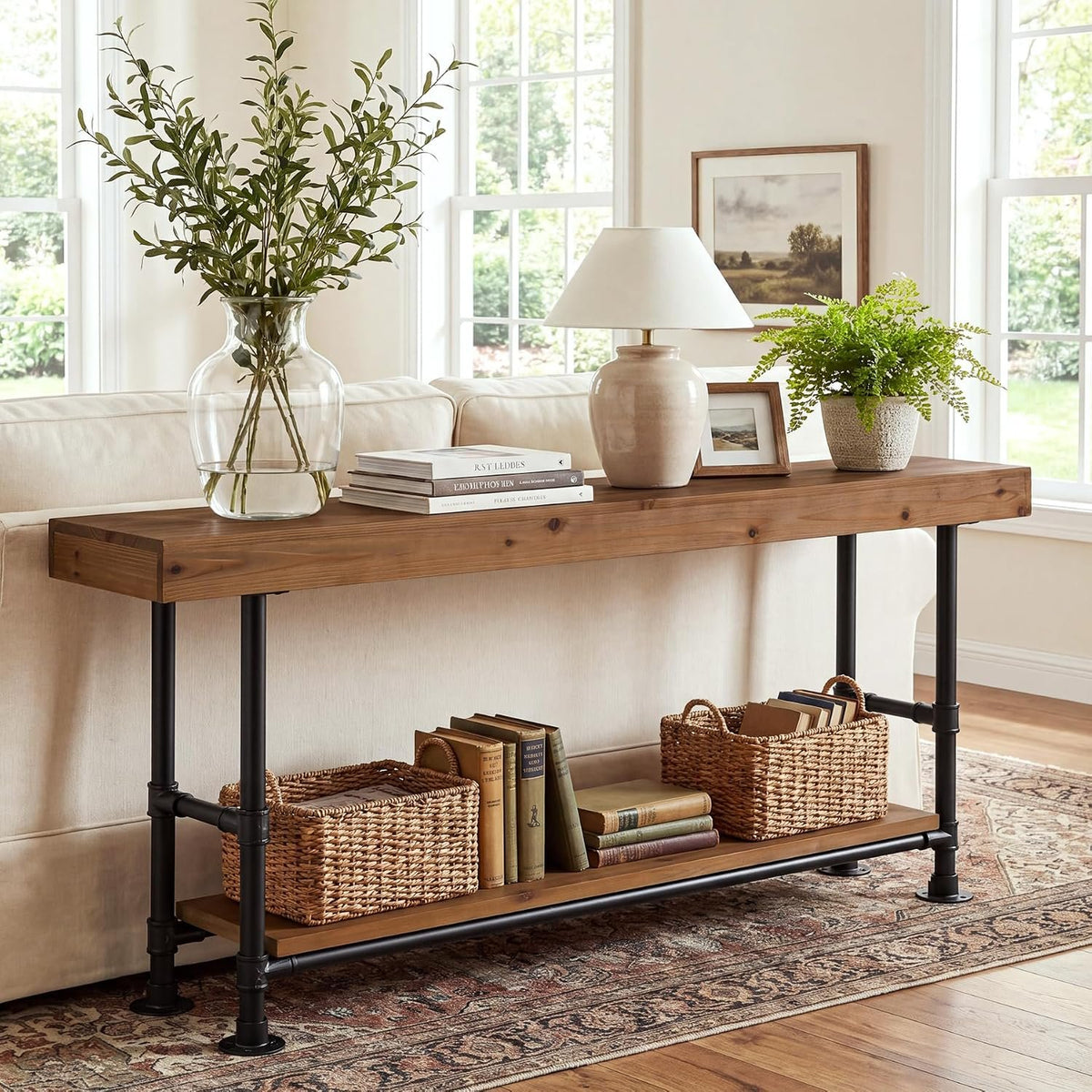 Tribesigns 63-Inch Long Console Table, Narrow Sofa Table with 2-Tier Storage, Rustic Industrial Entryway Table with Metal Pipe Frame