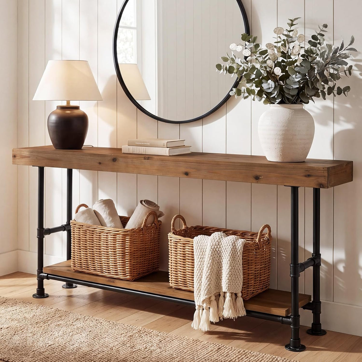 Tribesigns 63-Inch Long Console Table, Narrow Sofa Table with 2-Tier Storage, Rustic Industrial Entryway Table with Metal Pipe Frame
