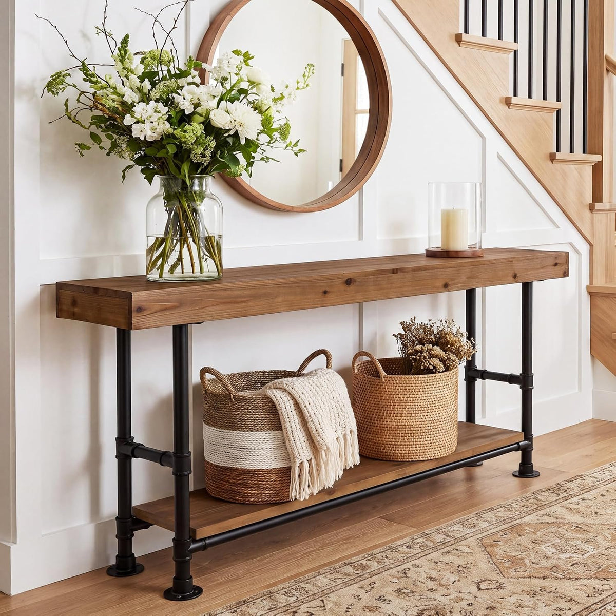 Tribesigns 63-Inch Long Console Table, Narrow Sofa Table with 2-Tier Storage, Rustic Industrial Entryway Table with Metal Pipe Frame