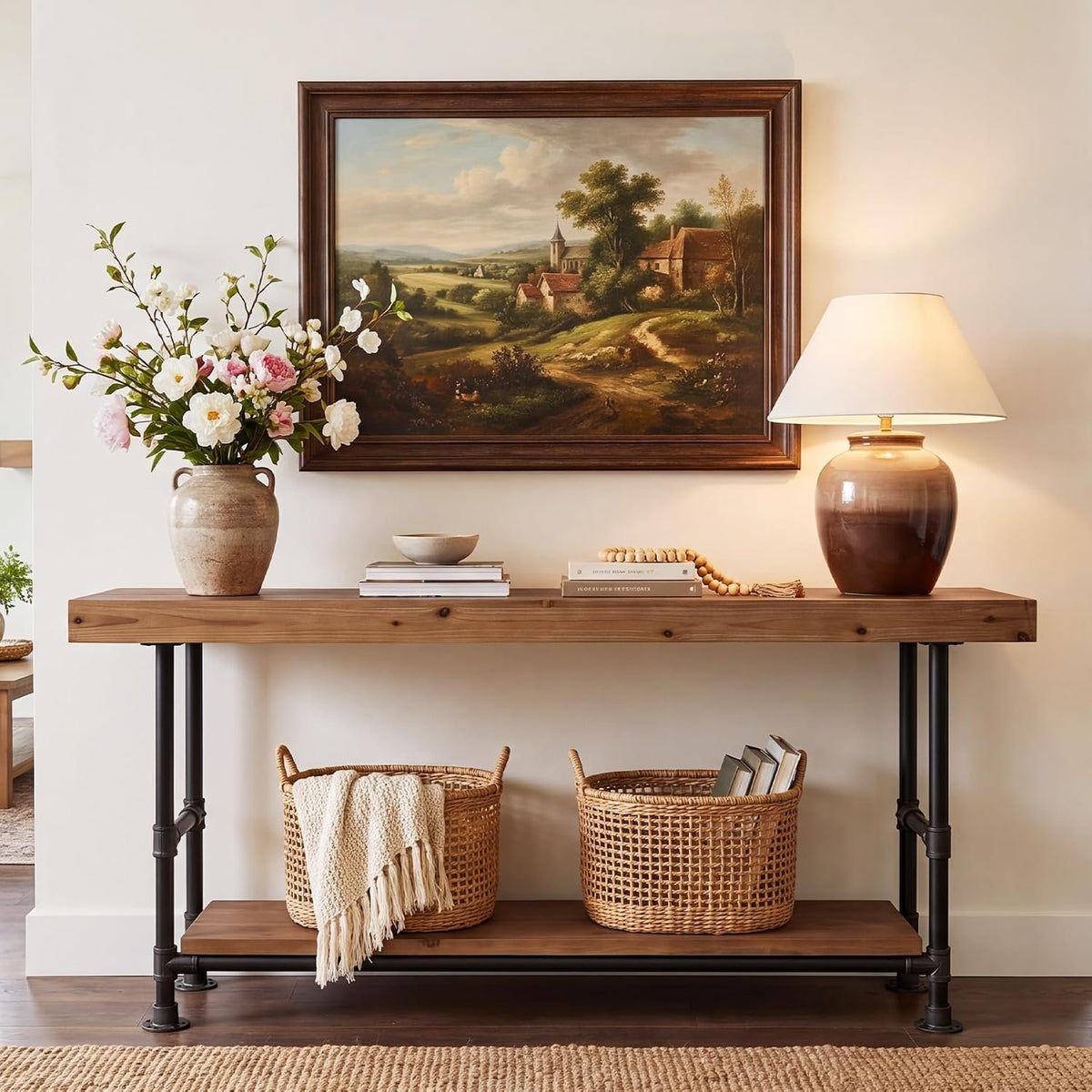 Tribesigns 63-Inch Long Console Table, Narrow Sofa Table with 2-Tier Storage, Rustic Industrial Entryway Table with Metal Pipe Frame