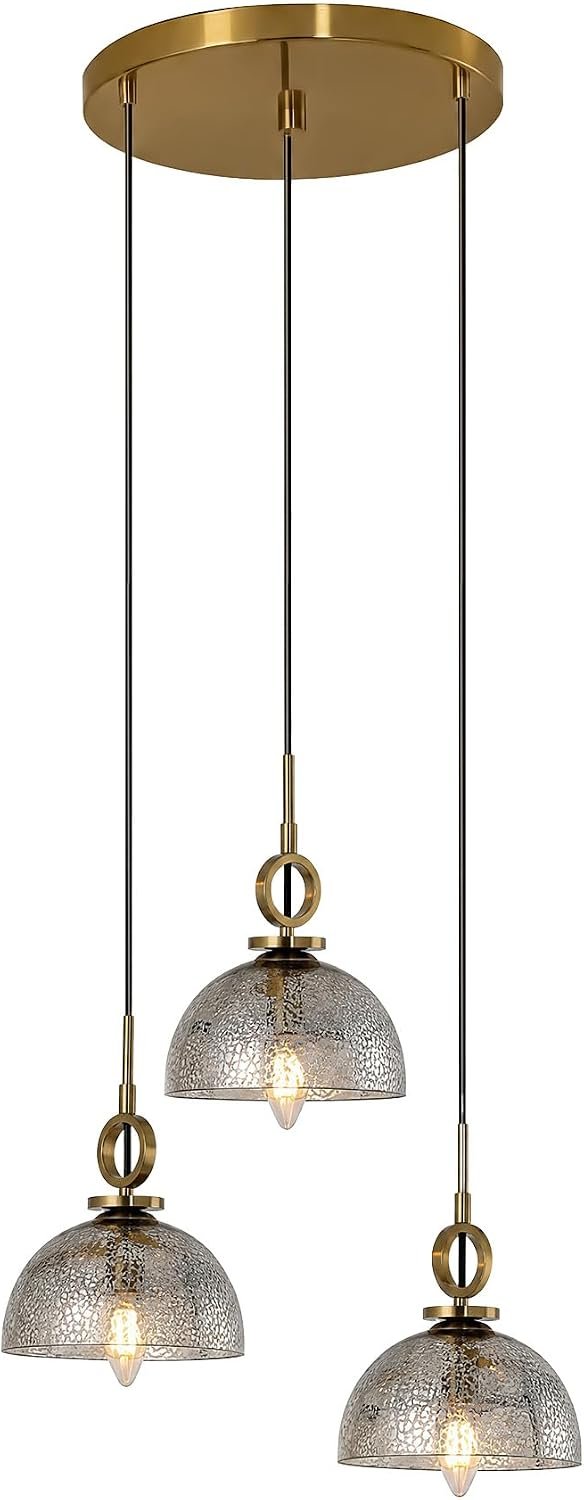 3-Light Modern Gold Dome Pendant Light, Crackle Glass Shade