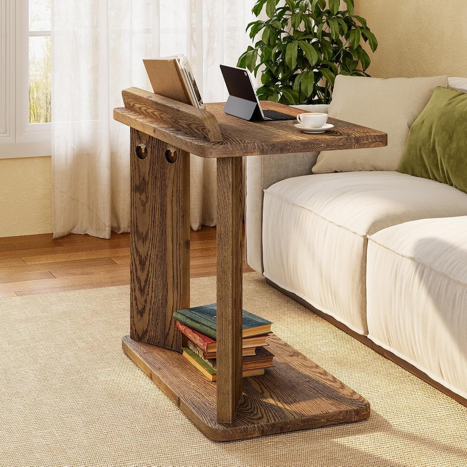 C-Shaped End Table, 2-Tier Wood Farmhouse Side Table with Book Groove