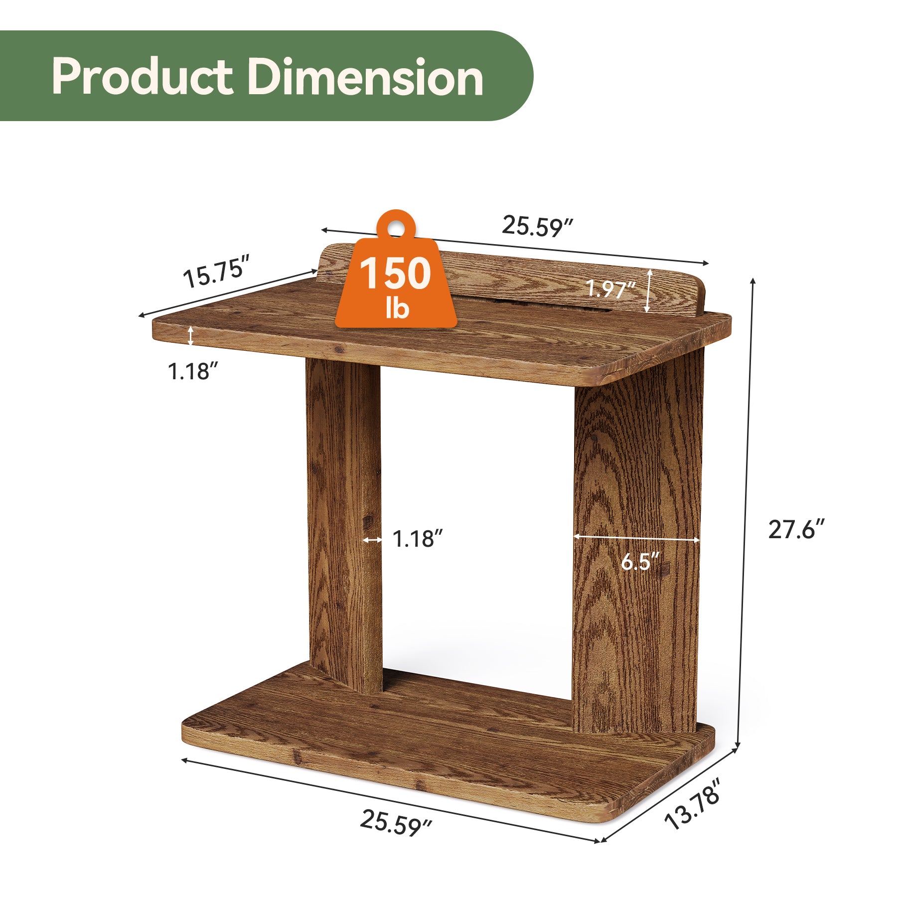 C-Shaped End Table, 2-Tier Wood Farmhouse Side Table with Book Groove