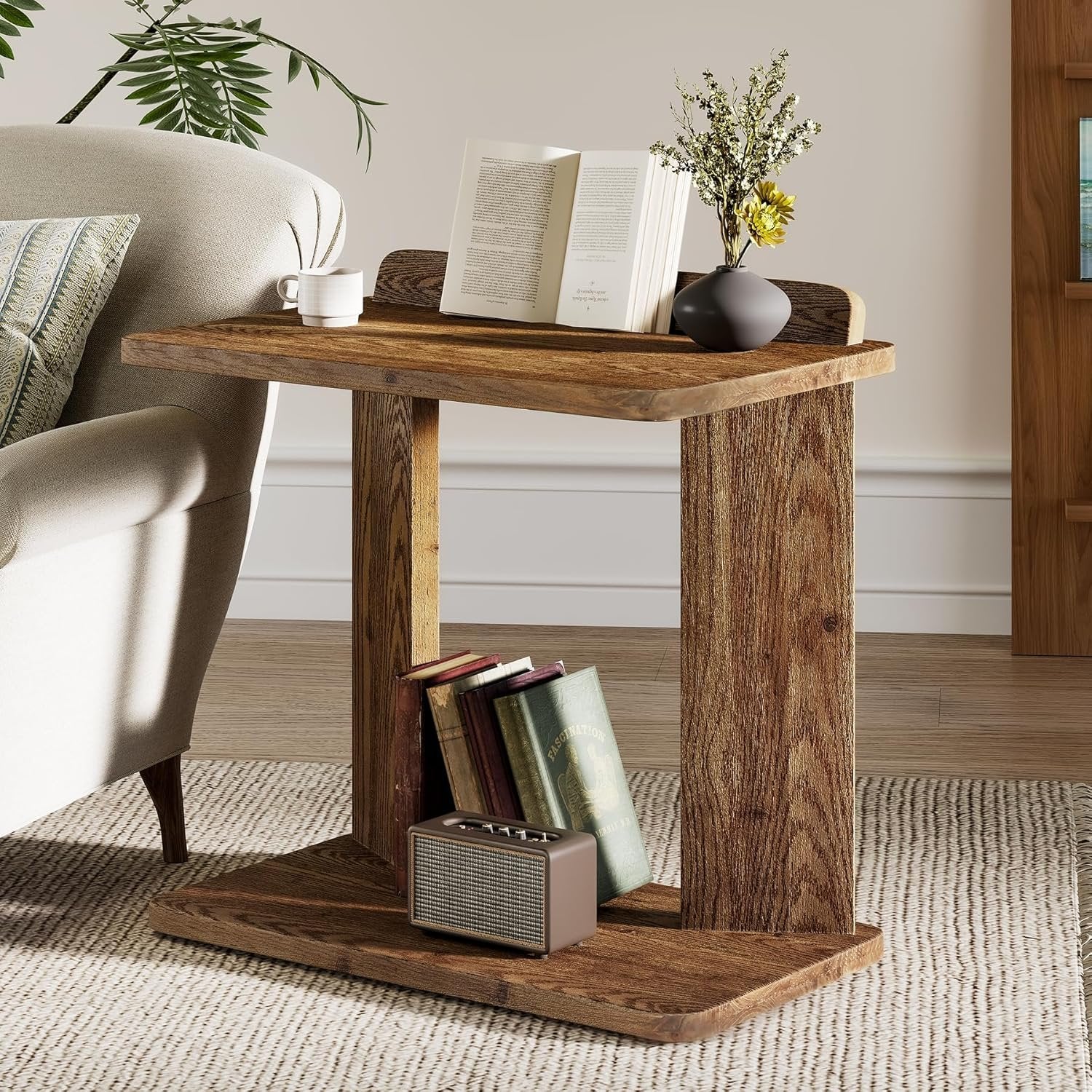 C-Shaped End Table, 2-Tier Wood Farmhouse Side Table with Book Groove