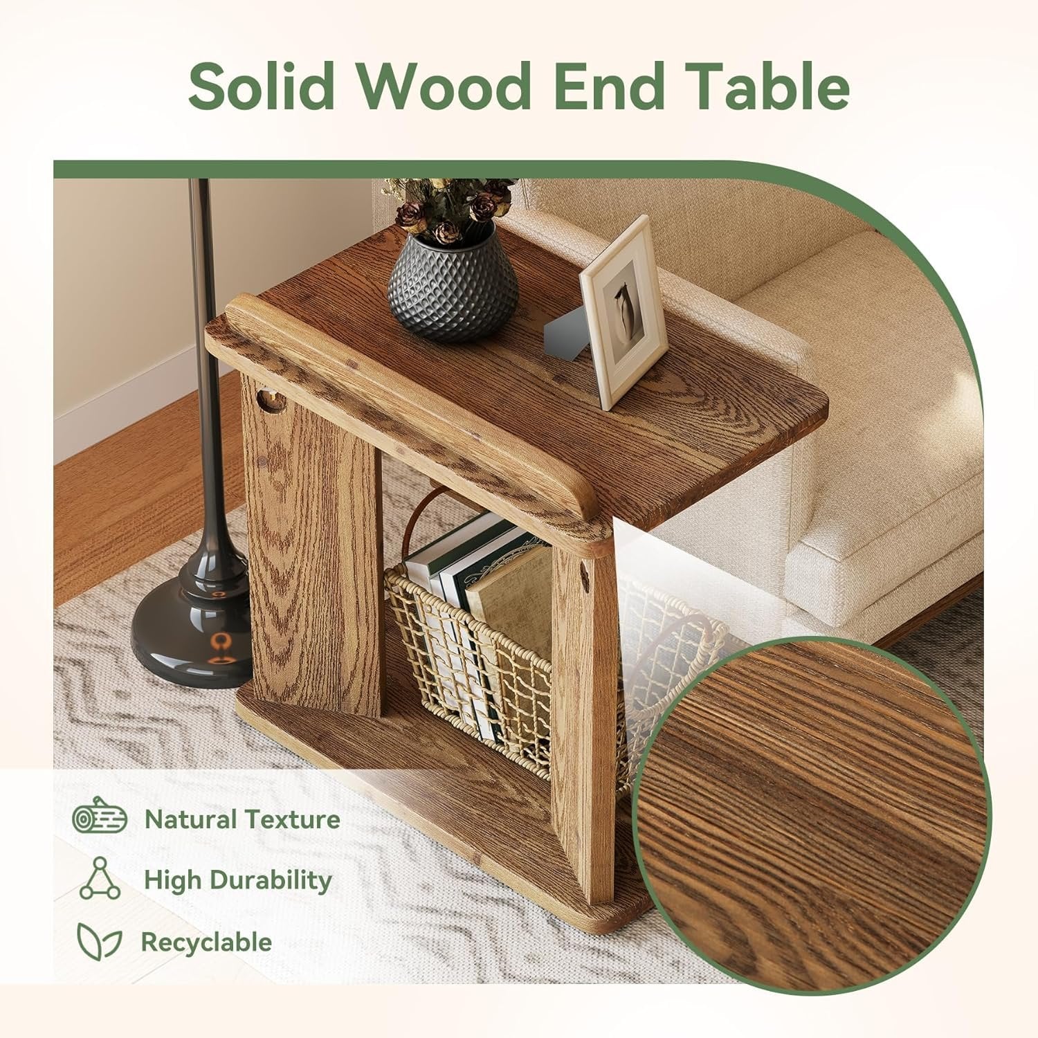 C-Shaped End Table, 2-Tier Wood Farmhouse Side Table with Book Groove