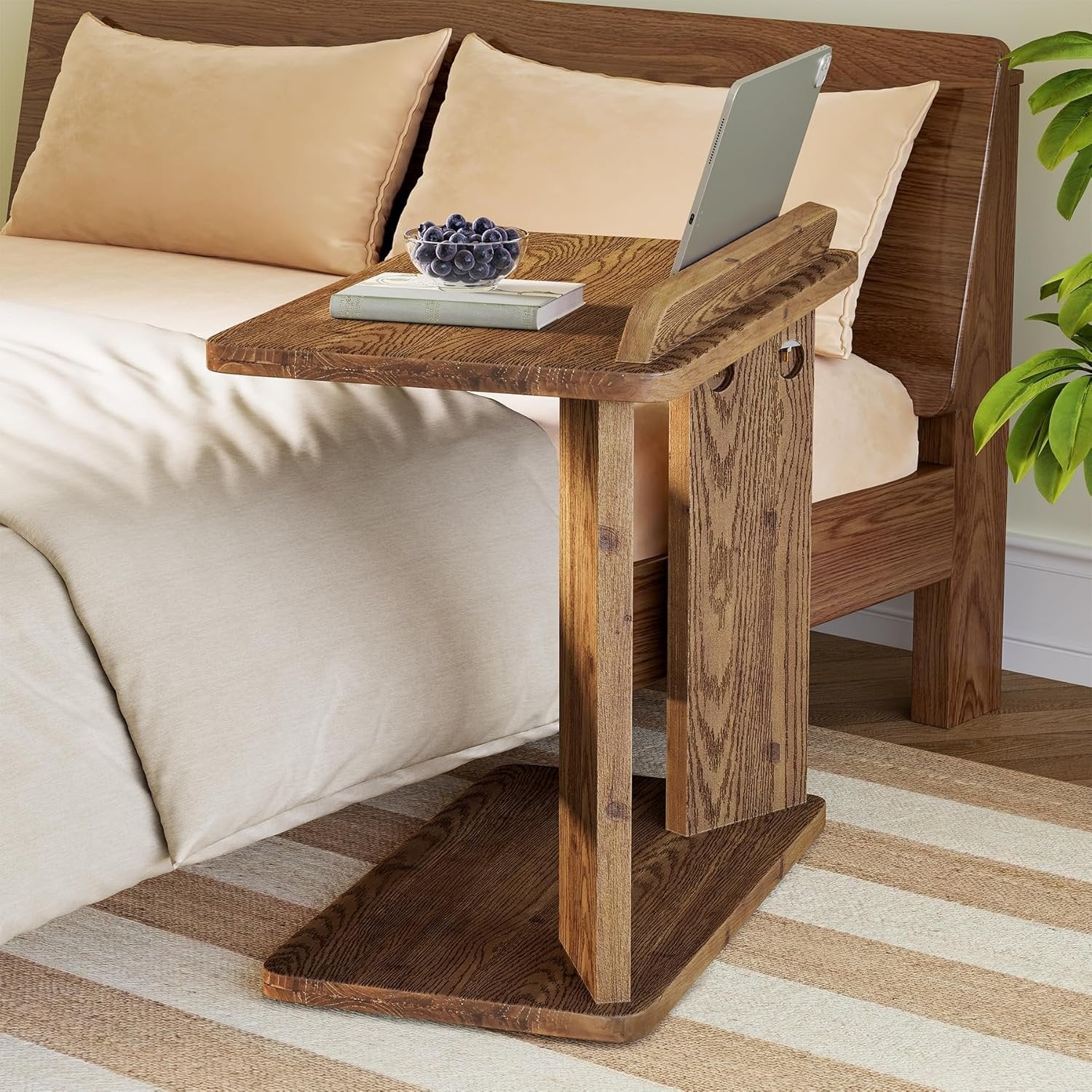 C-Shaped End Table, 2-Tier Wood Farmhouse Side Table with Book Groove