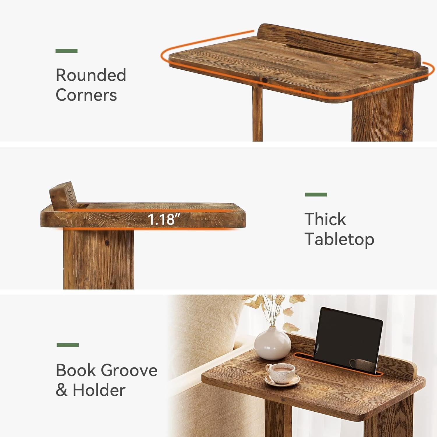C-Shaped End Table, 2-Tier Wood Farmhouse Side Table with Book Groove