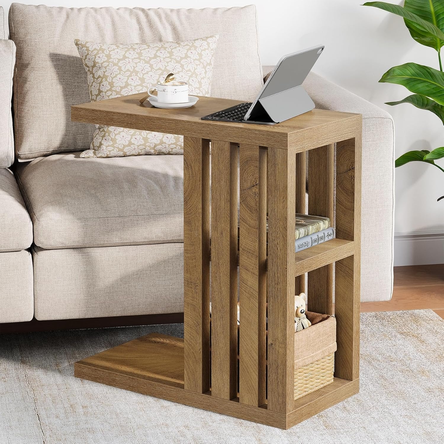 C-Shaped End Table, Small Side Table 3-Tier Wooden Bedside Table for Couch
