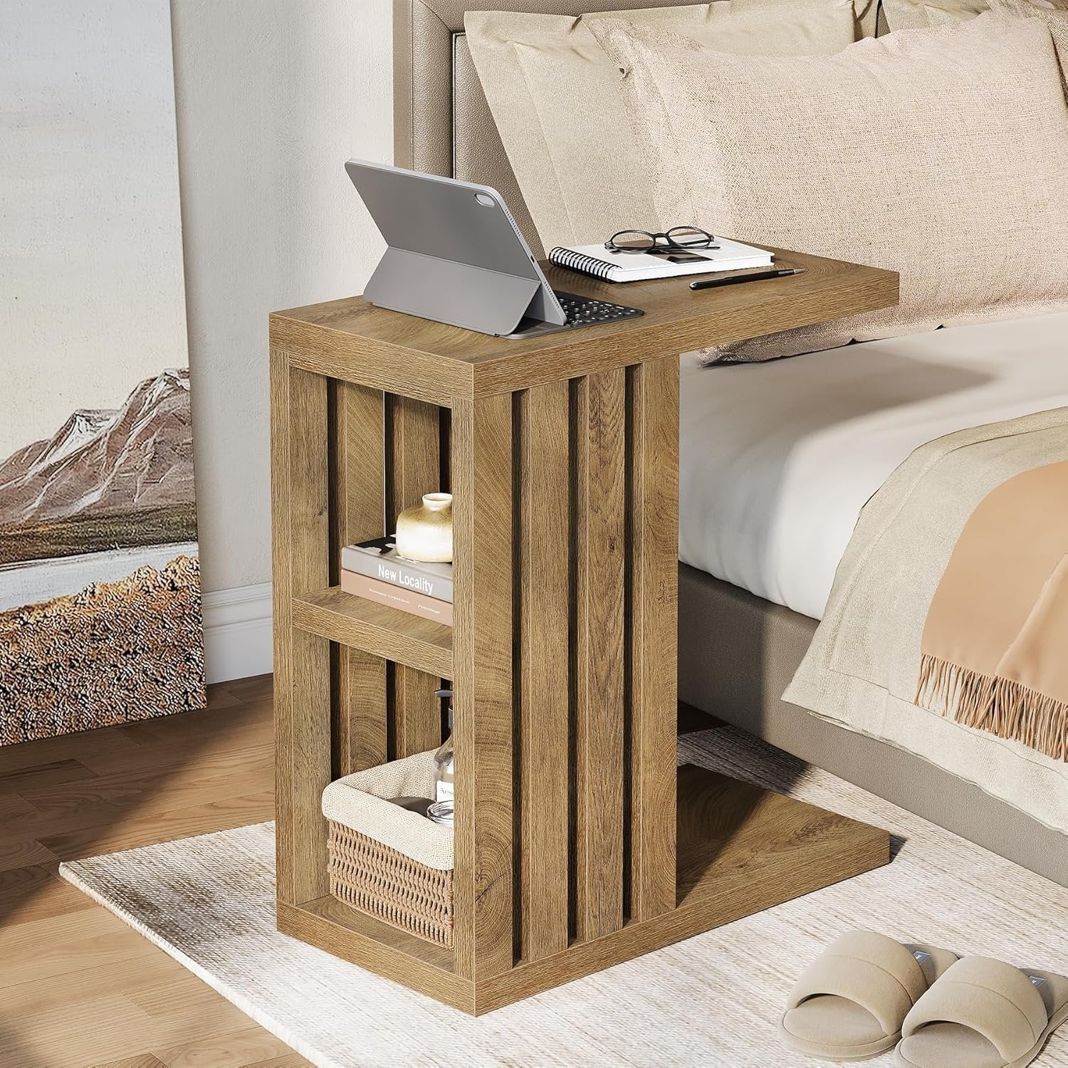C-Shaped End Table, Small Side Table 3-Tier Wooden Bedside Table for Couch