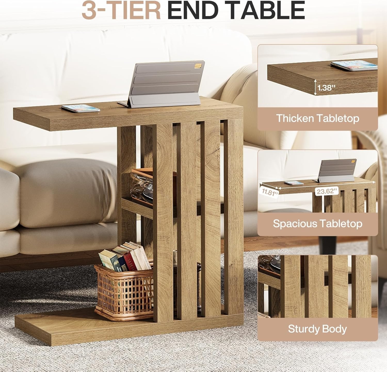 C-Shaped End Table, Small Side Table 3-Tier Wooden Bedside Table for Couch