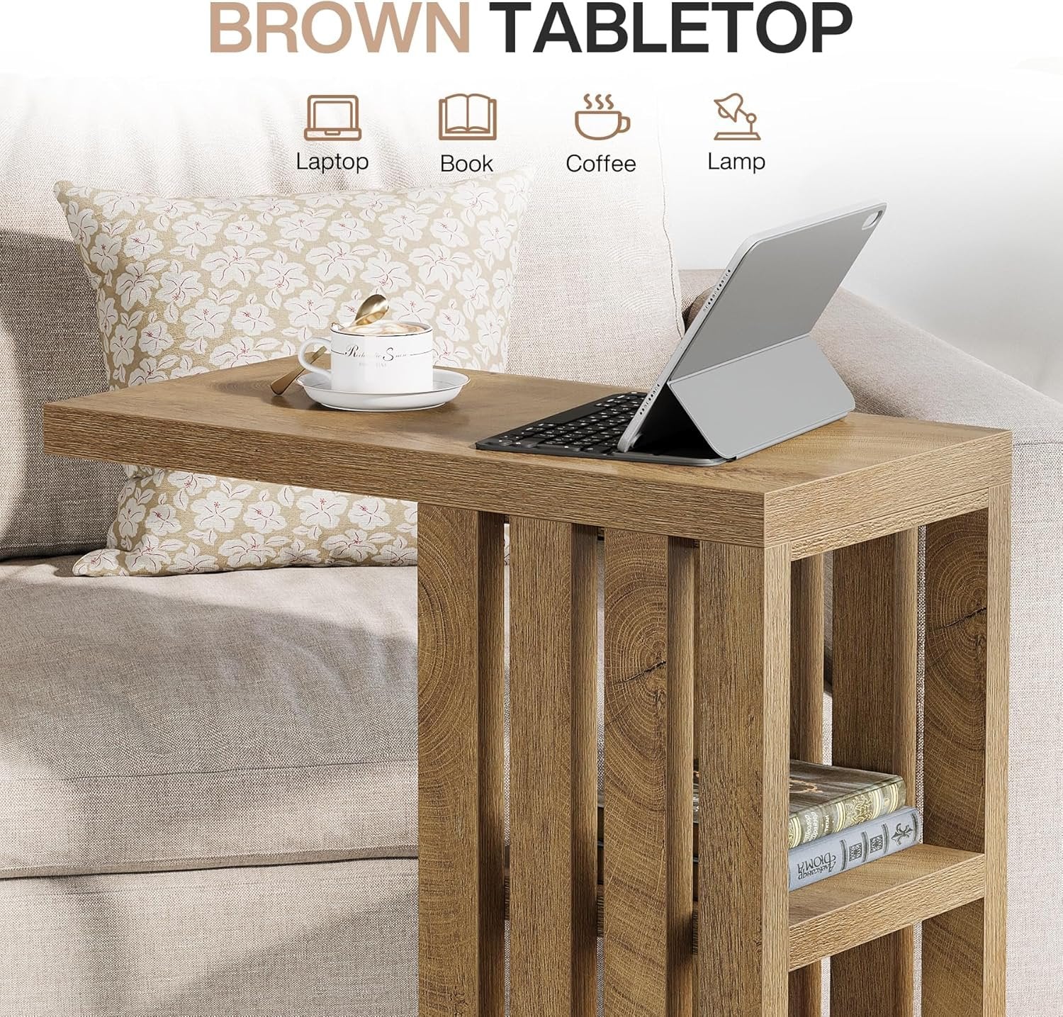 C-Shaped End Table, Small Side Table 3-Tier Wooden Bedside Table for Couch