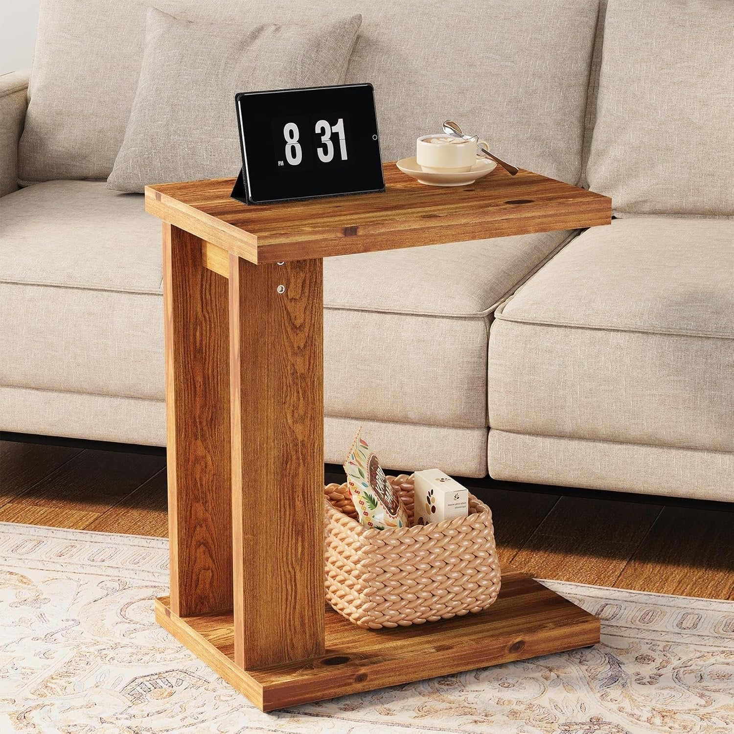 C-Shaped End Table, Wood 2-Tier Side Table Bedside Nightstand