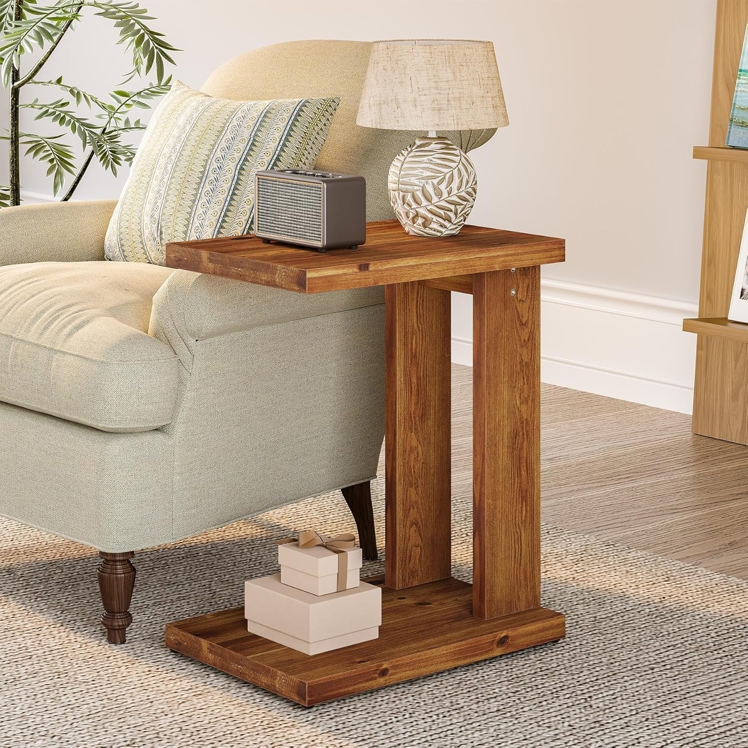 C-Shaped End Table, Wood 2-Tier Side Table Bedside Nightstand