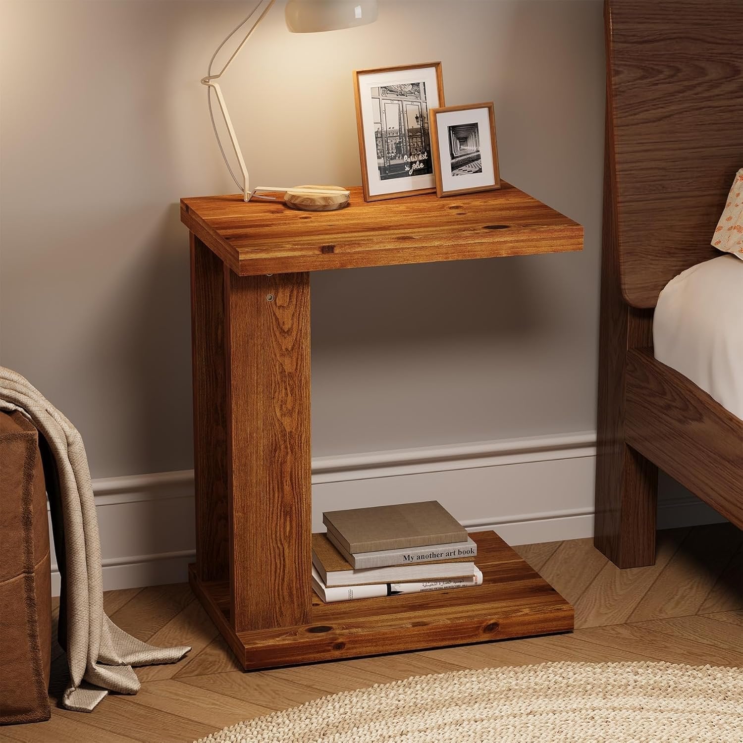 C-Shaped End Table, Wood 2-Tier Side Table Bedside Nightstand