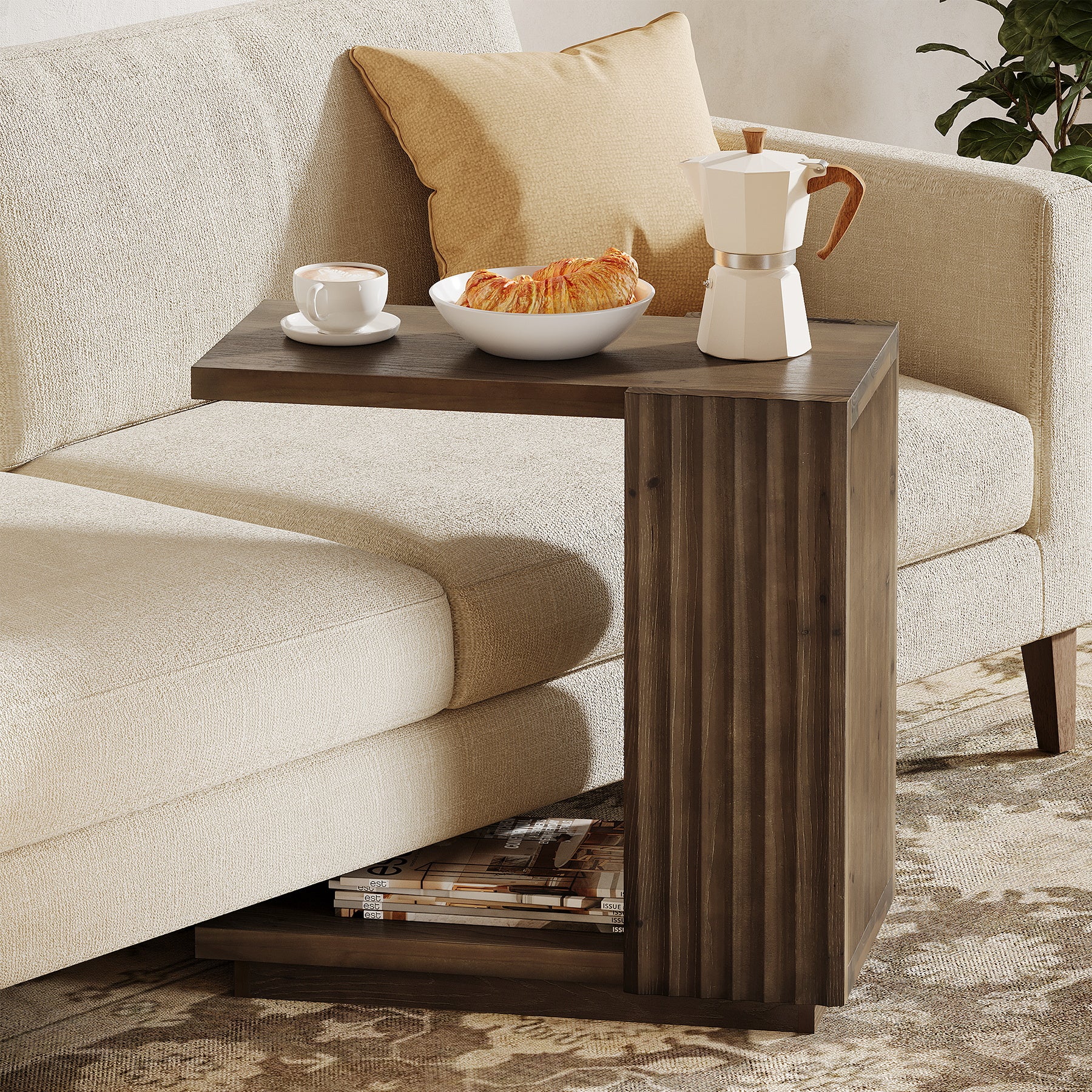 C Shaped Sofa End Table, Wood Side Table with Fluted Panels