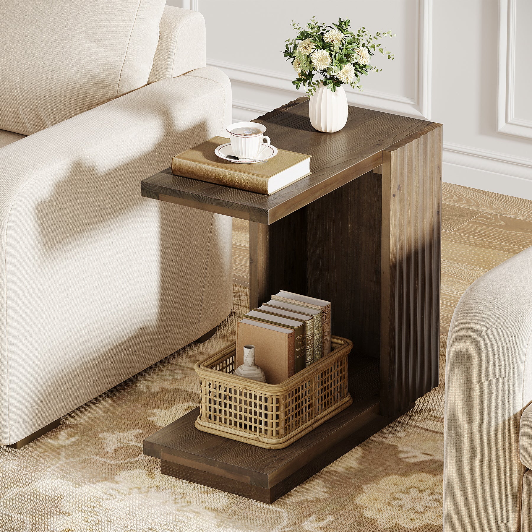 C Shaped Sofa End Table, Wood Side Table with Fluted Panels