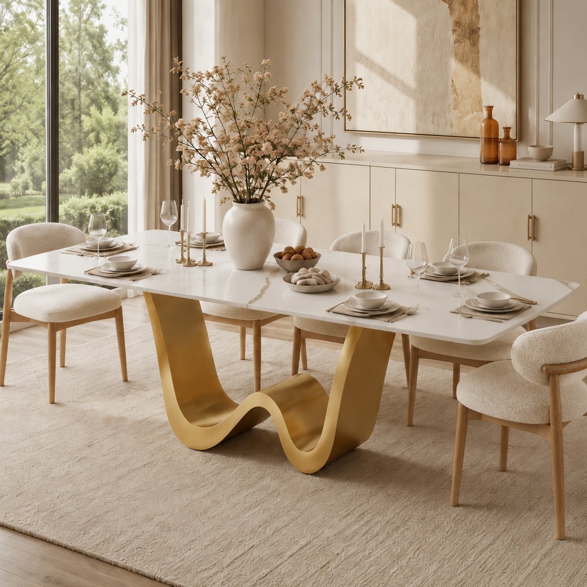 79" Rectangular Sintered Stone Dining Table for 8, White & Gold Stainless Steel Pedestal