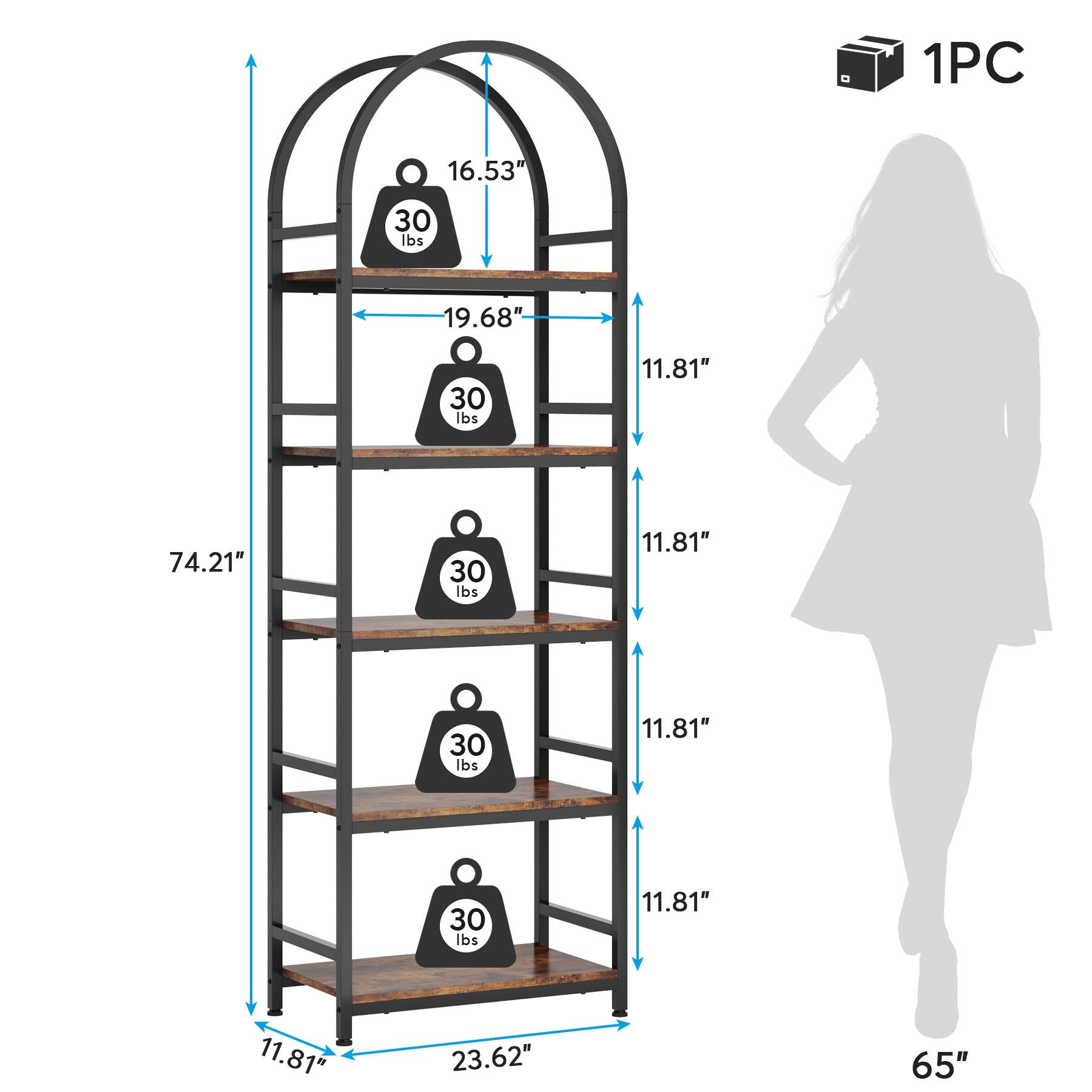 4-Tier / 5-Tier Bookshelf, Arched Bookcase Display Rack with Storage Shelves