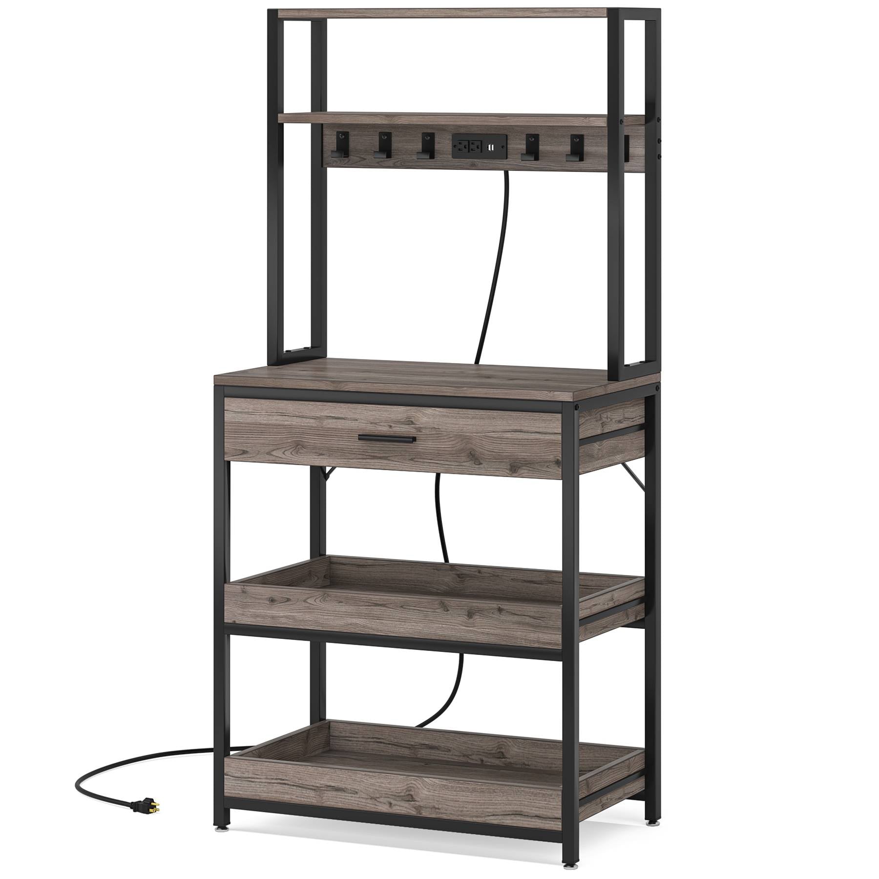 White background image of Tribesigns's 5-tier Kitchen Baker's Rack with Power Outlets, Drawer & Sliding Shelves, grey color.